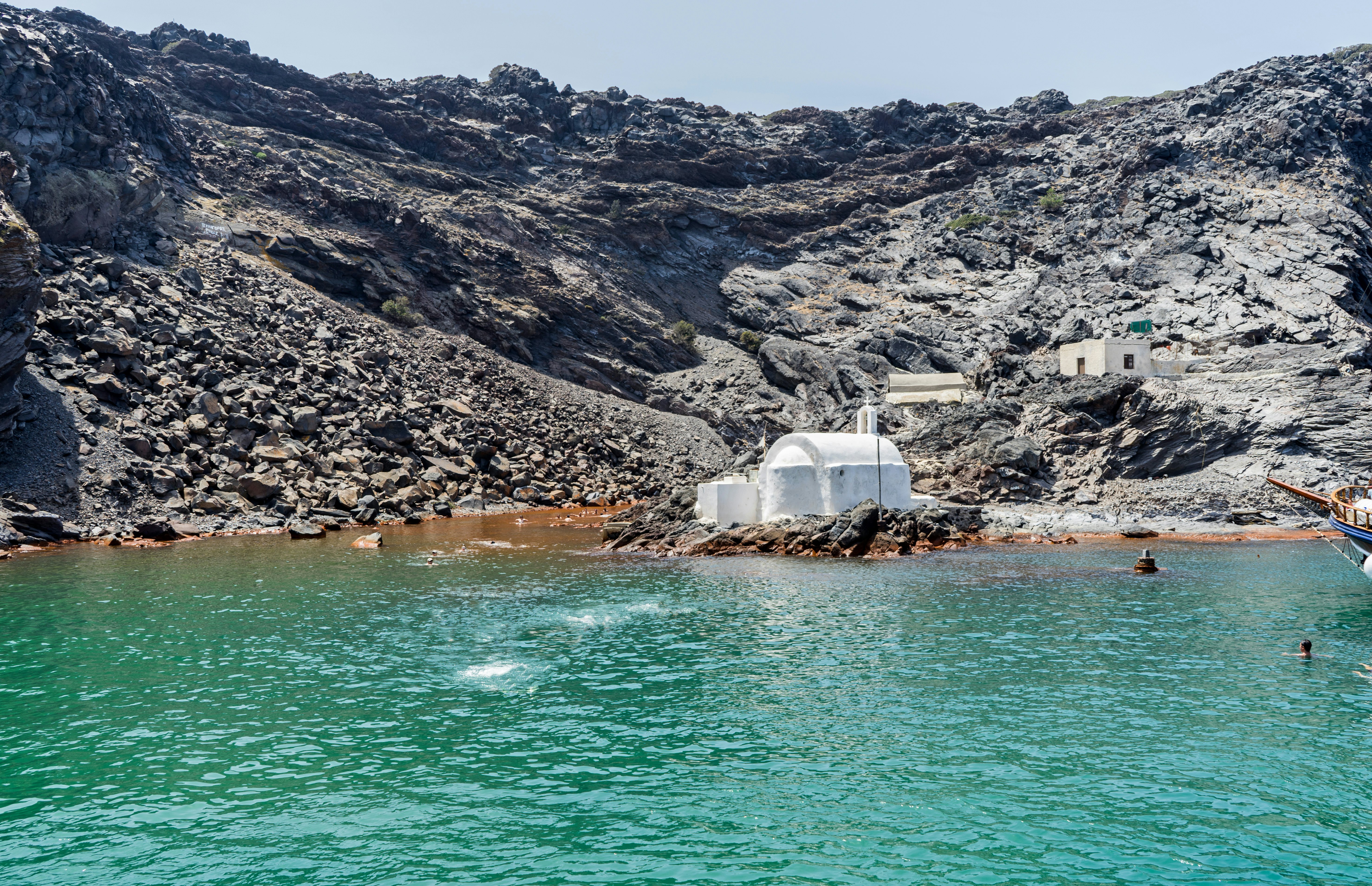 Palaia Kameni, volcanic Greek island, near Santorini. Hot sea-water swimming.