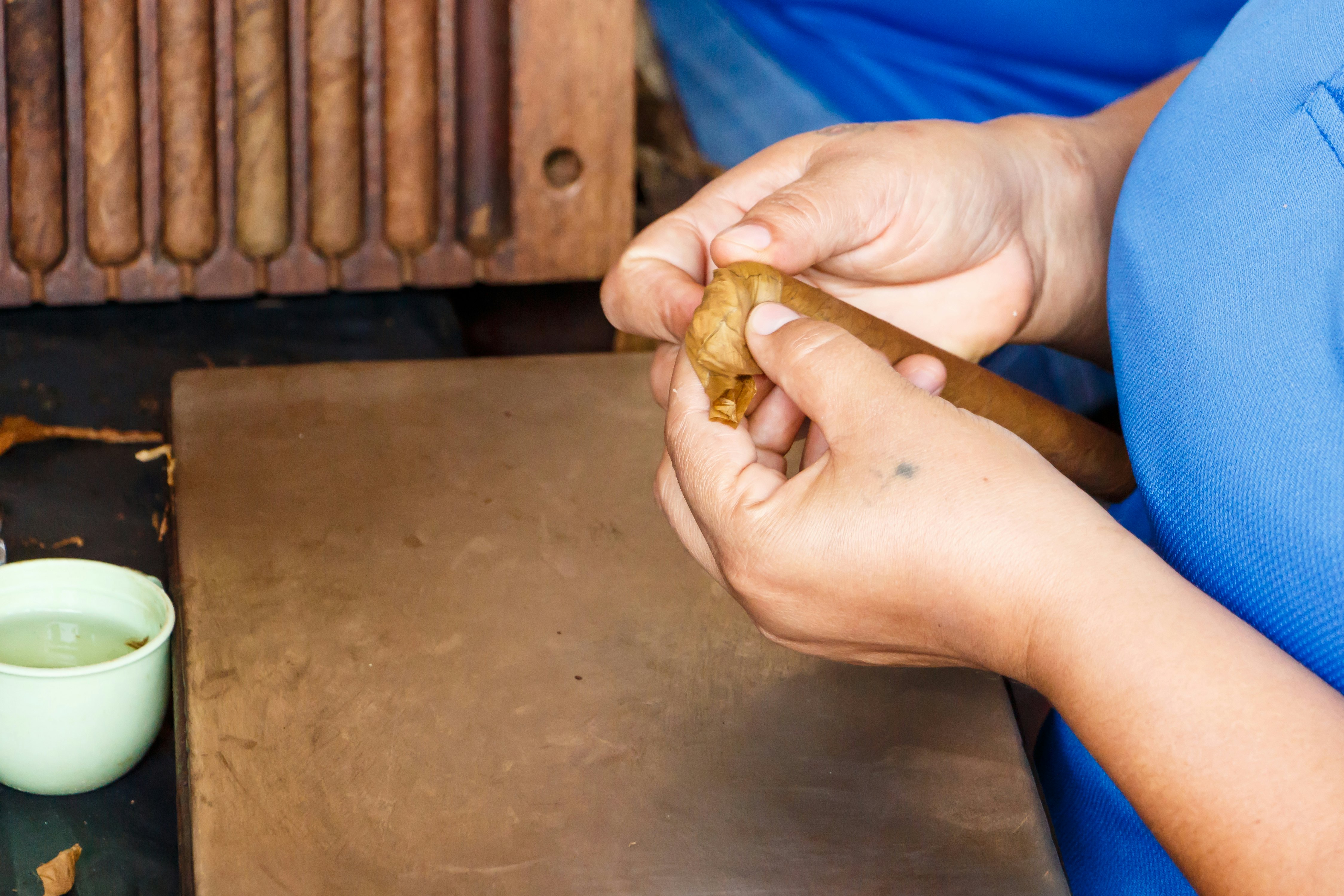 A person making cigars at a cigar factory