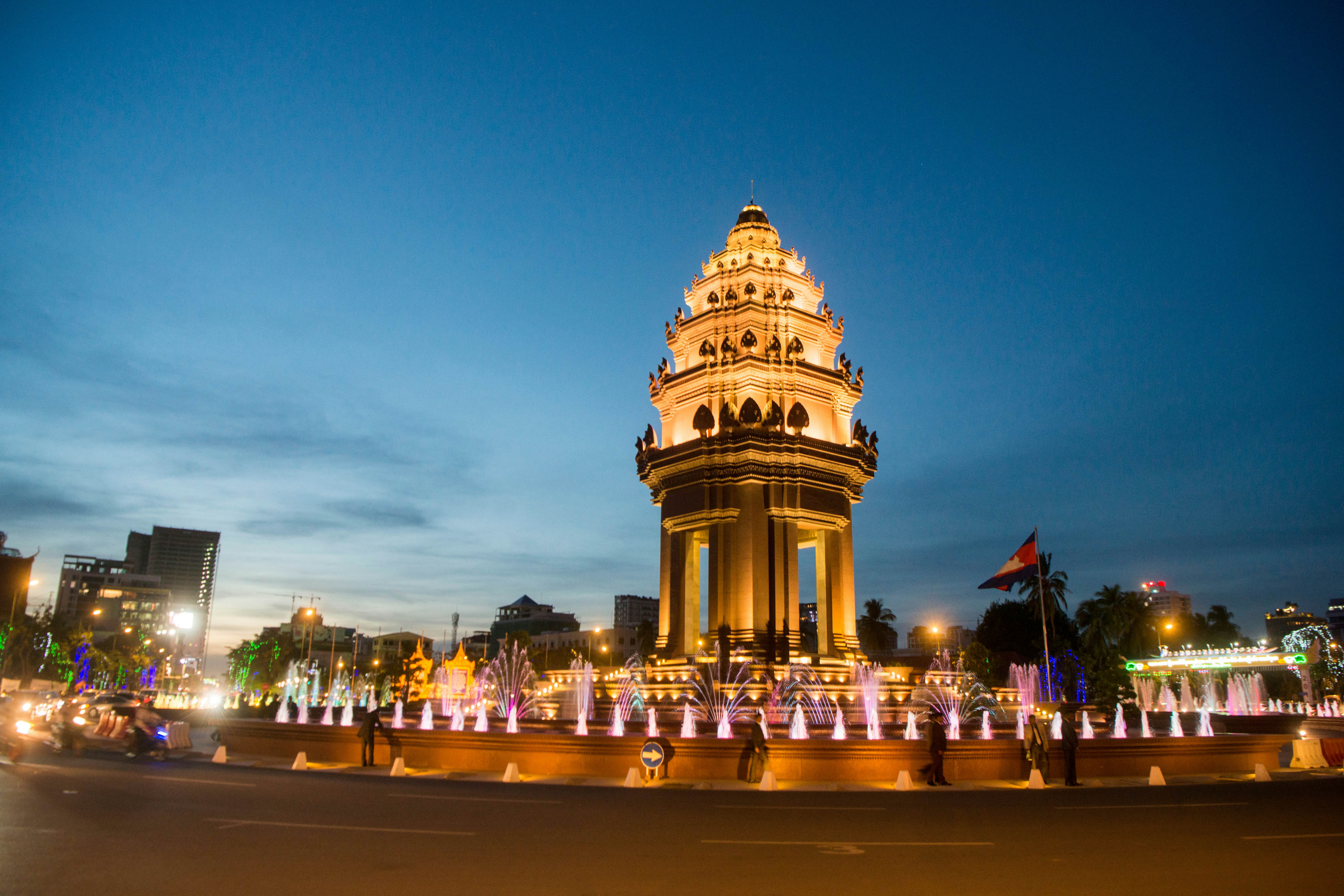 the Independence Monument at the Sihanouk Bouelvard in the city of Phnom Penh of Cambodia.  Cambodia, Phnom Penh, November, 2017,; Shutterstock ID 1120886159; purchase_order:65050 - Digital Destinations and Articles; job:lonely planet; client:The 7 best things to do in Phnom Penh; other:Kathleen Baxter
1120886159