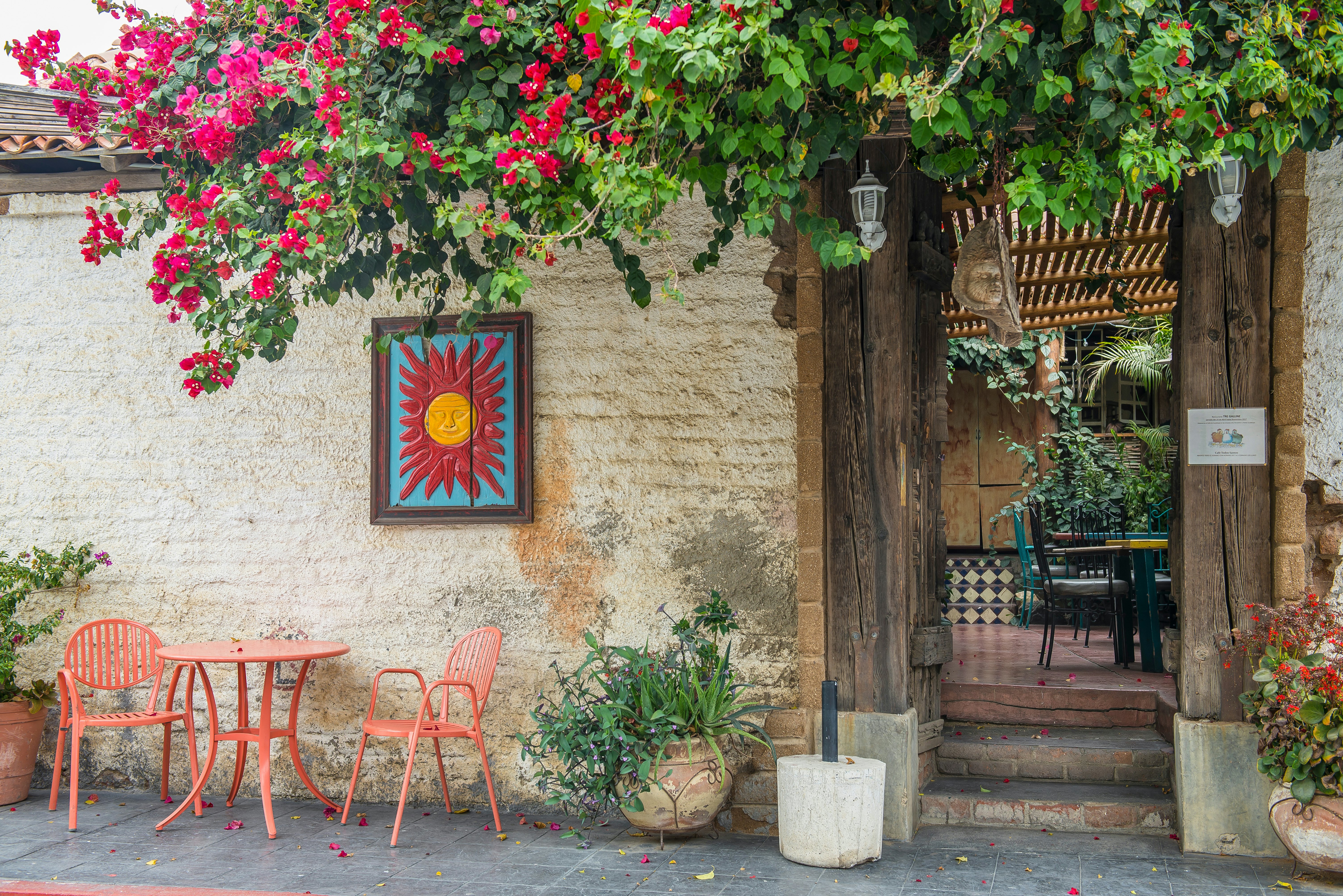 Tables in front of a brick wall at a cafe in a town. Plants surround the scene, and an open door leads to a courtyard.