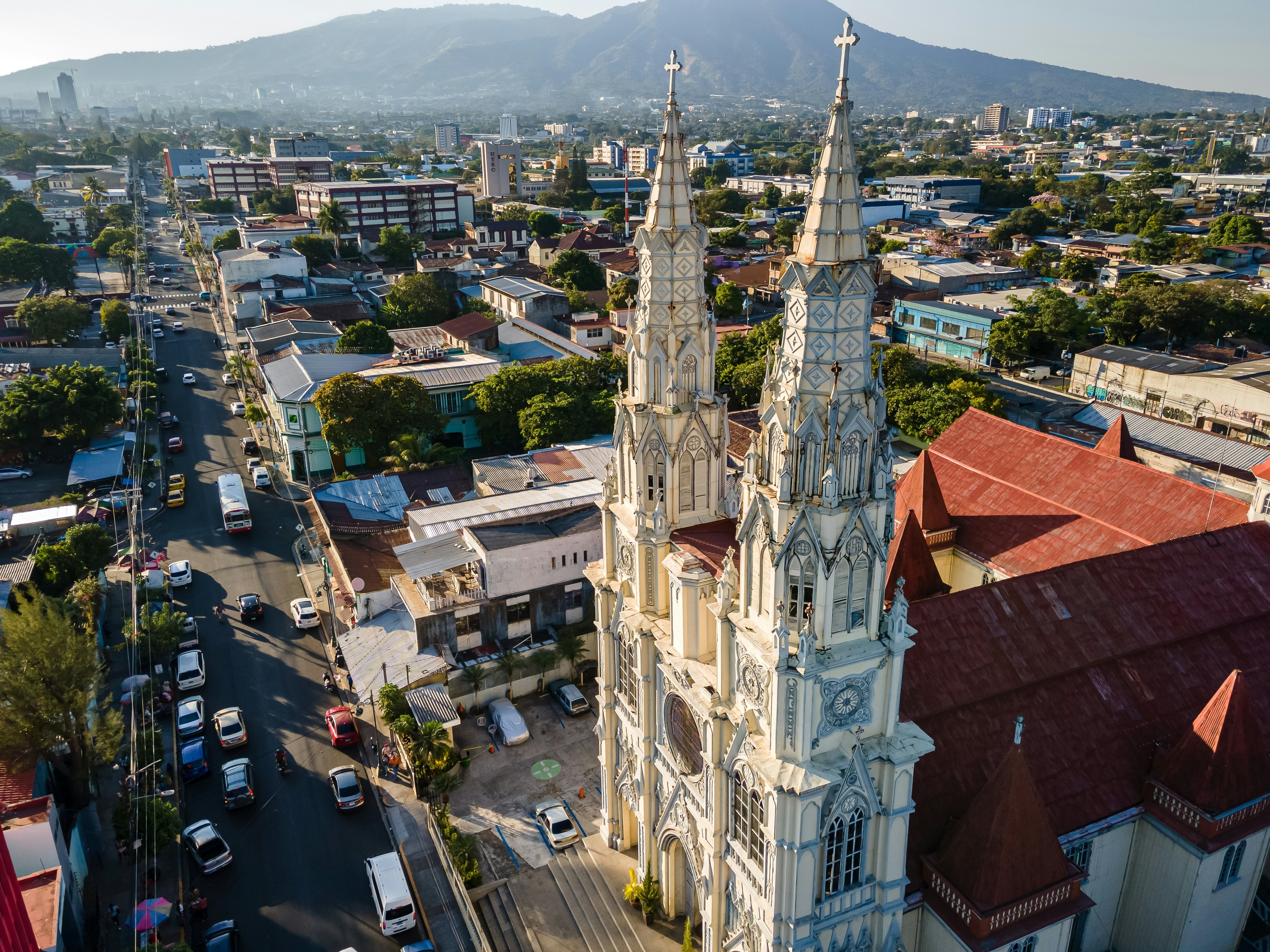A towering church in the center of San Salvador, El Salvador's capital.