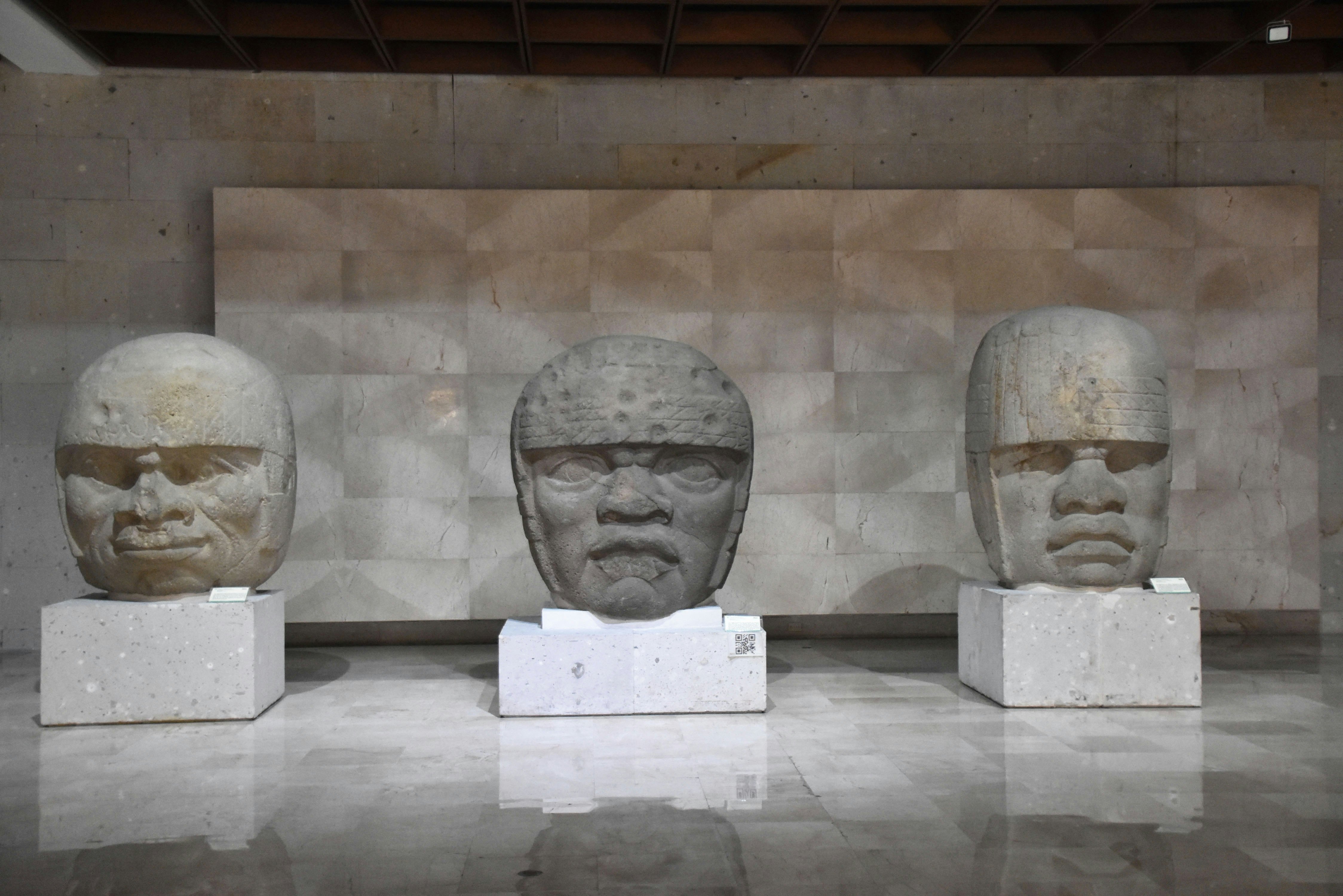 Three large, carved stone heads displayed on plinths in a museum.