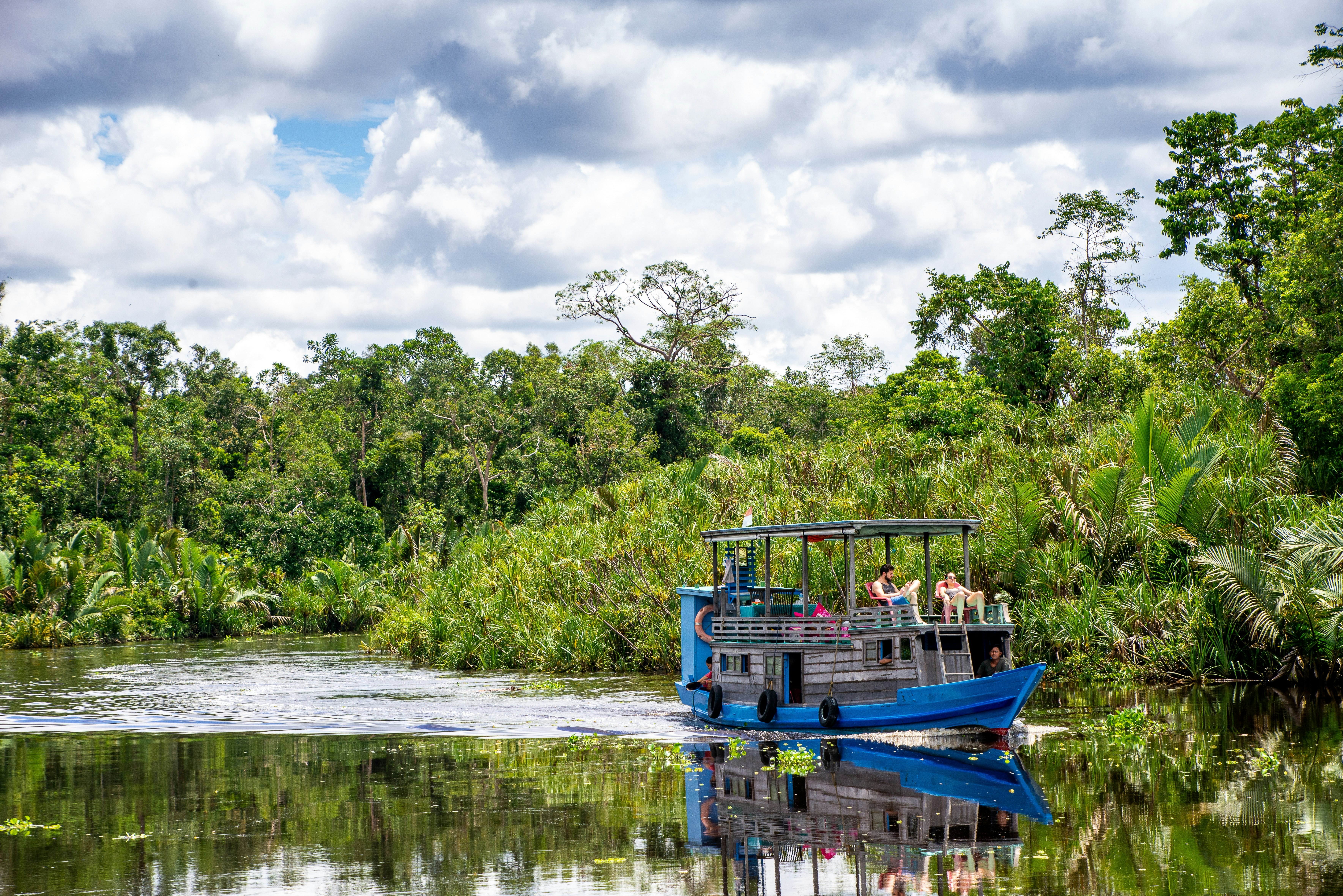 People on a blue tour boat on a river surrounded by a rainforest