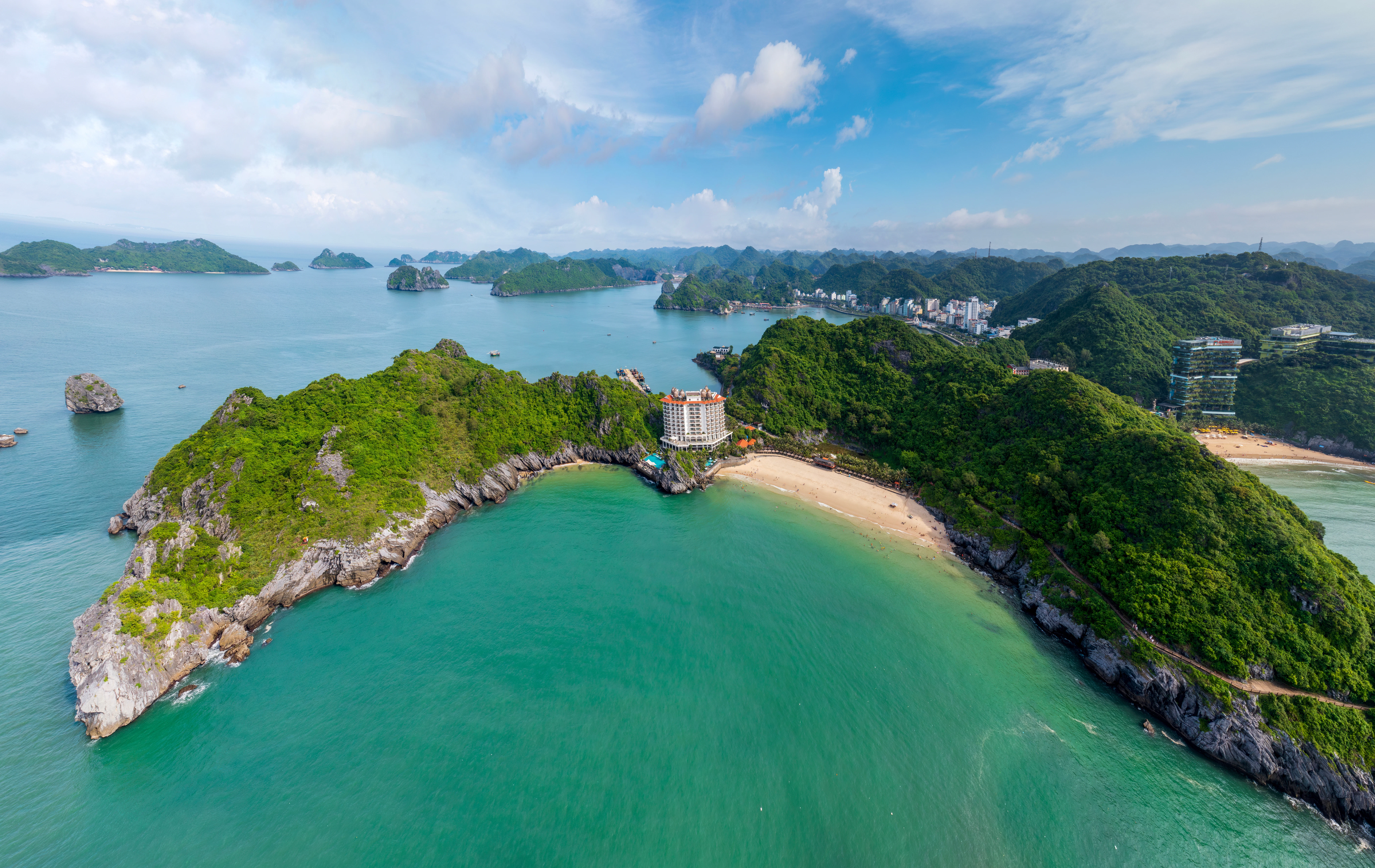 Golden beaches are tucked into the coves of rugged island with small peninsulas.