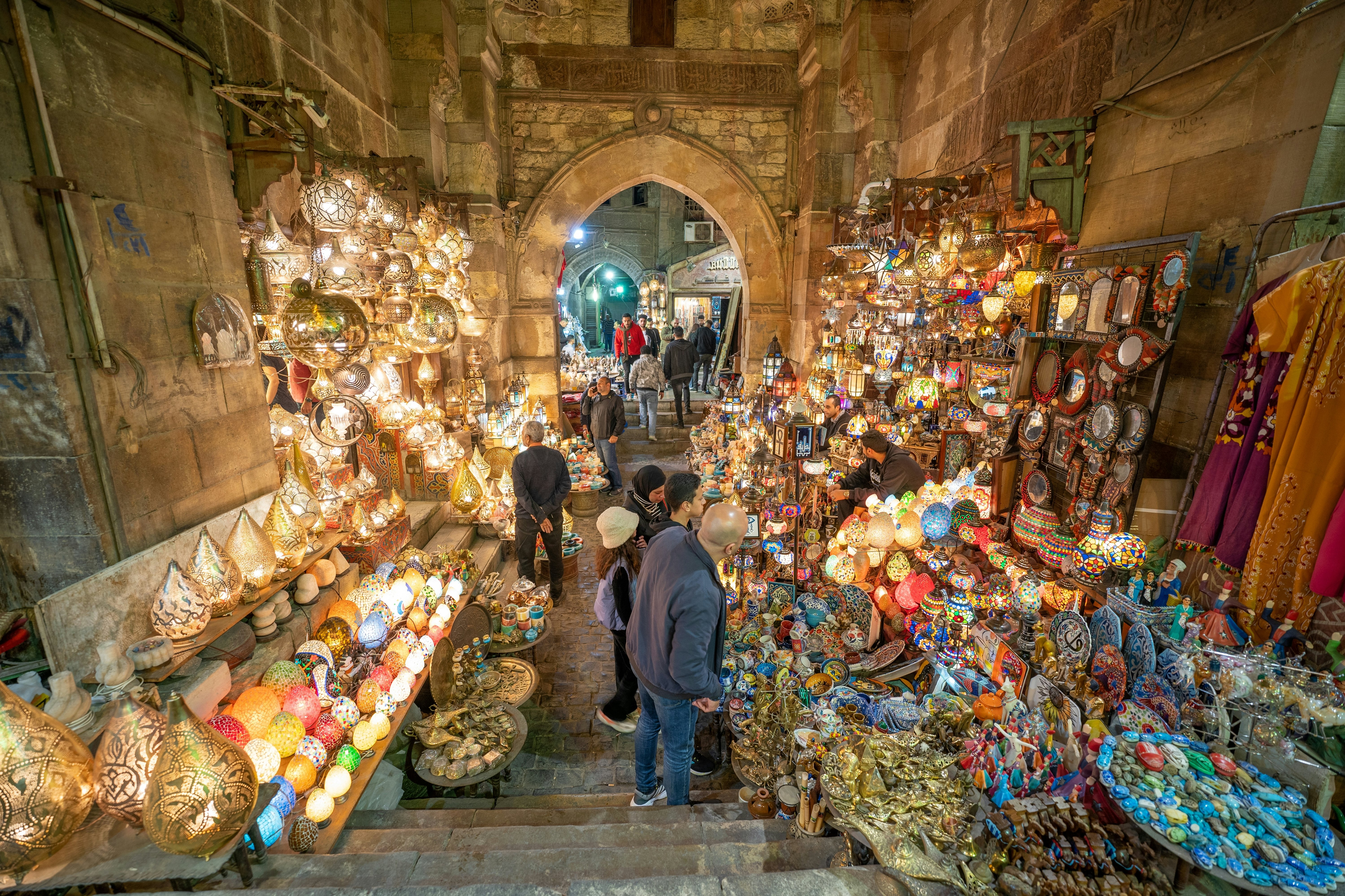 Khan El Khalili market in Cairo city with illuminated and colorful lamps