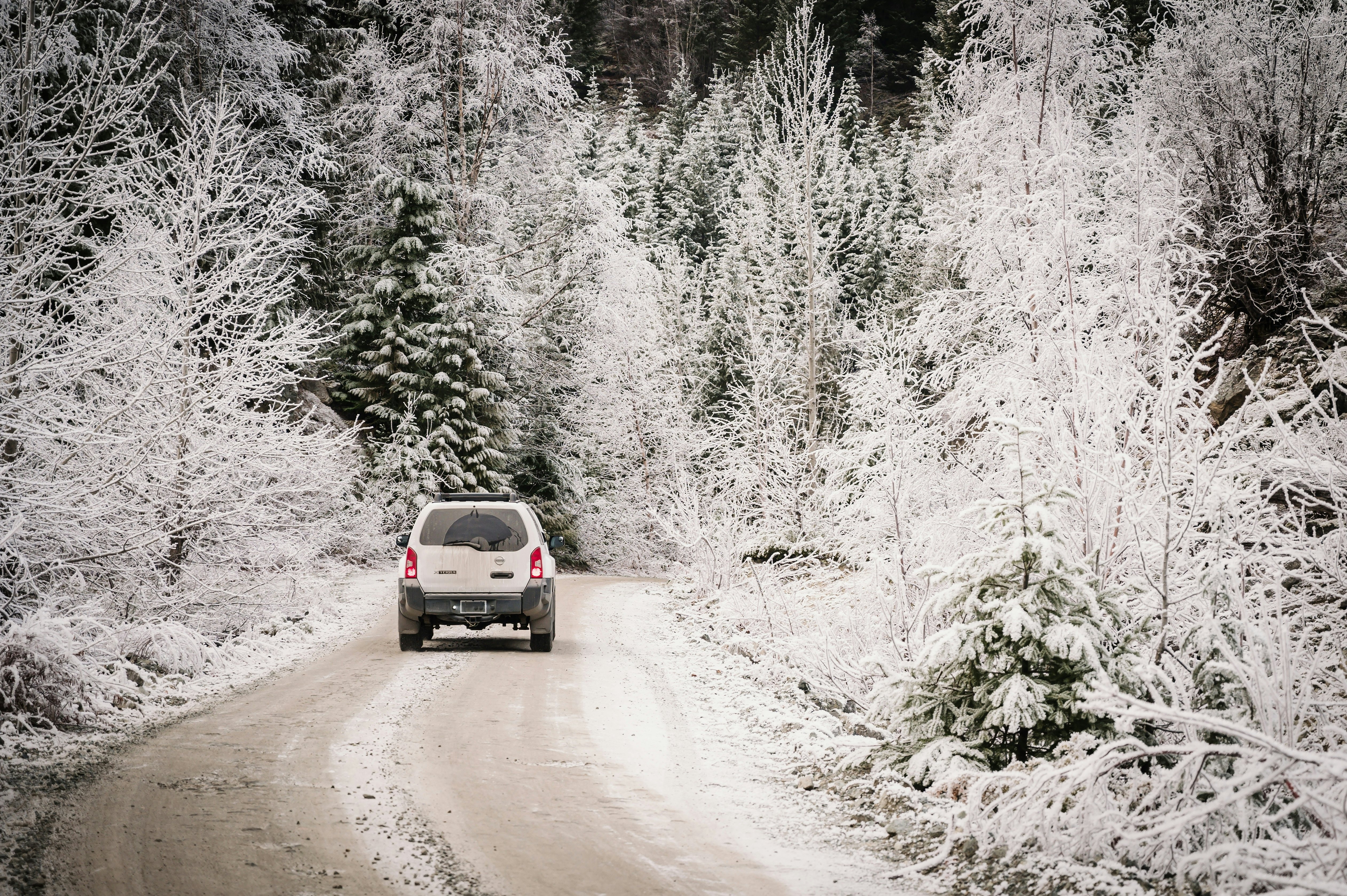 A white four-wheel-drive vehicle travels on a dirt road into a snowy landscape in Canada.