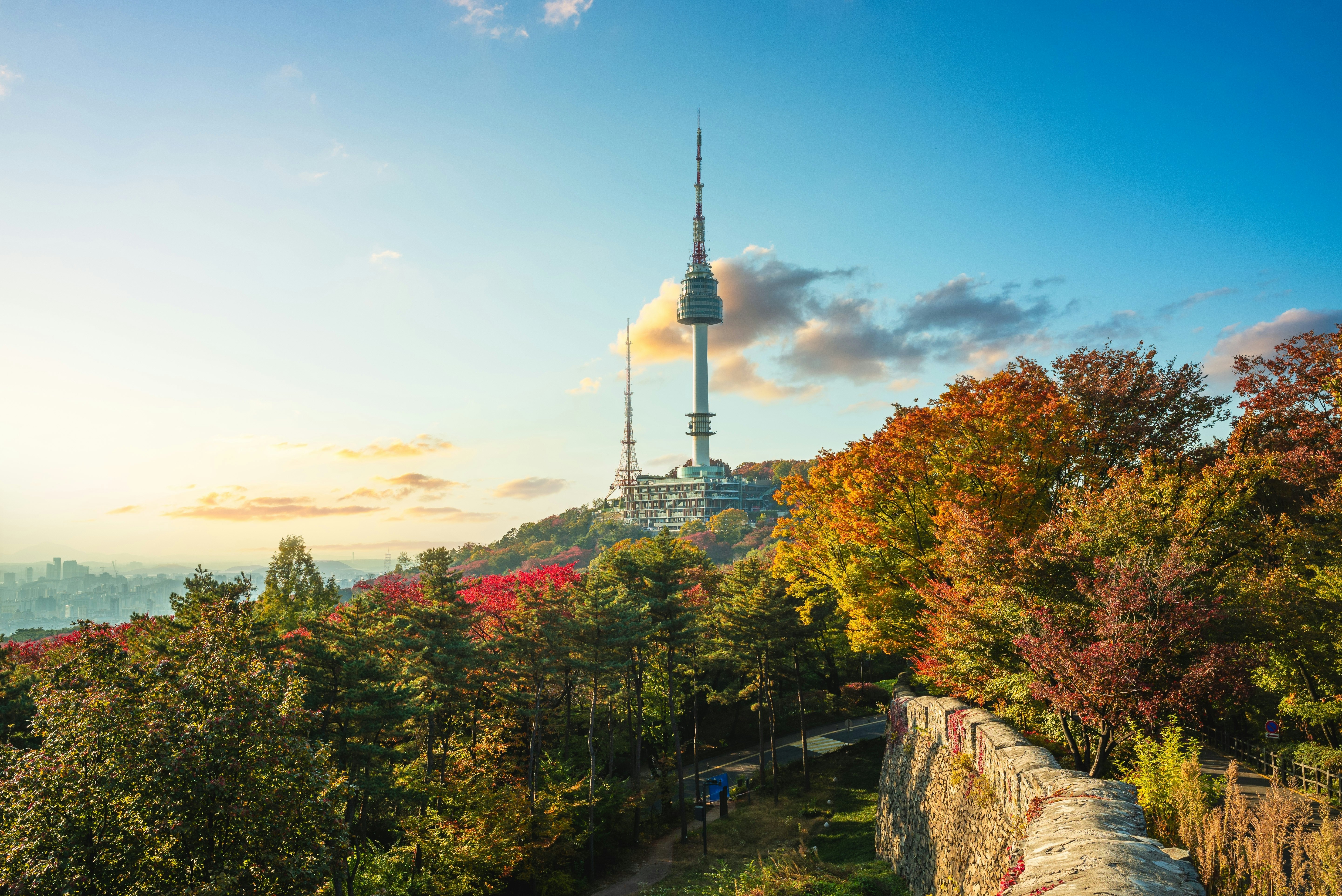 A tower bursts out of a group of trees in autumn.