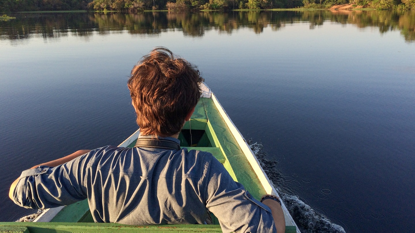AMAZON RIVER, BRAZIL:  quiet water mirroring late afternoon sunlight at golden hour, river boat trip, 'Lago Juma', 'Parana do Mamori', about 100 km south of Manaus, Amazonas state, License Type: media, Download Time: 2025-05-28T09:53:18.000Z, User: lonelyplanetmedia, Editorial: false, purchase_order: 65050 - Digital Destinations and Articles, job: Global Publishing WIP, client: Global Publishing WIP, other: Peterson Haggarty // SS Comp Ingestion