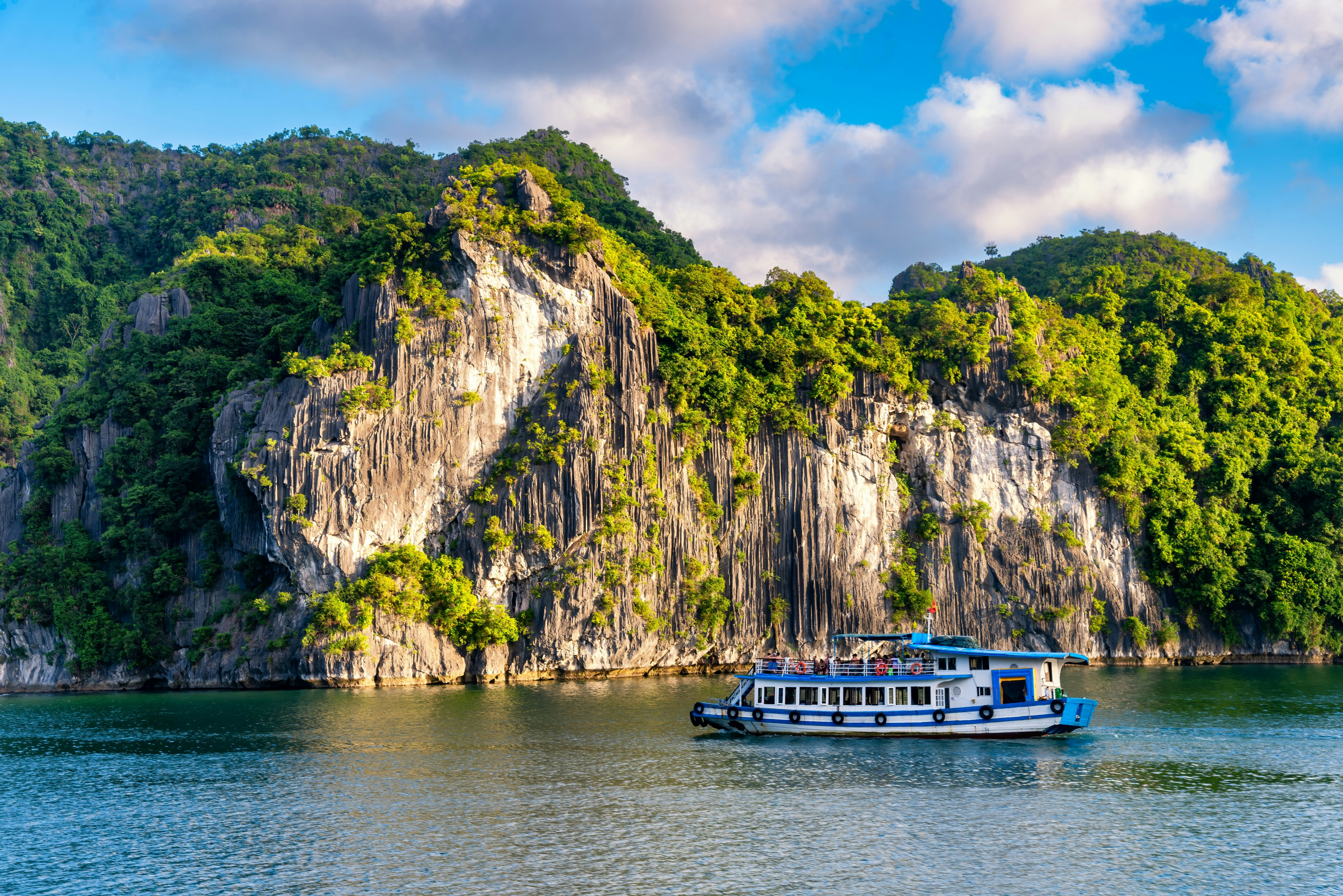 A tour boat on the water in front of large limestone cliffs covered in greenery.
