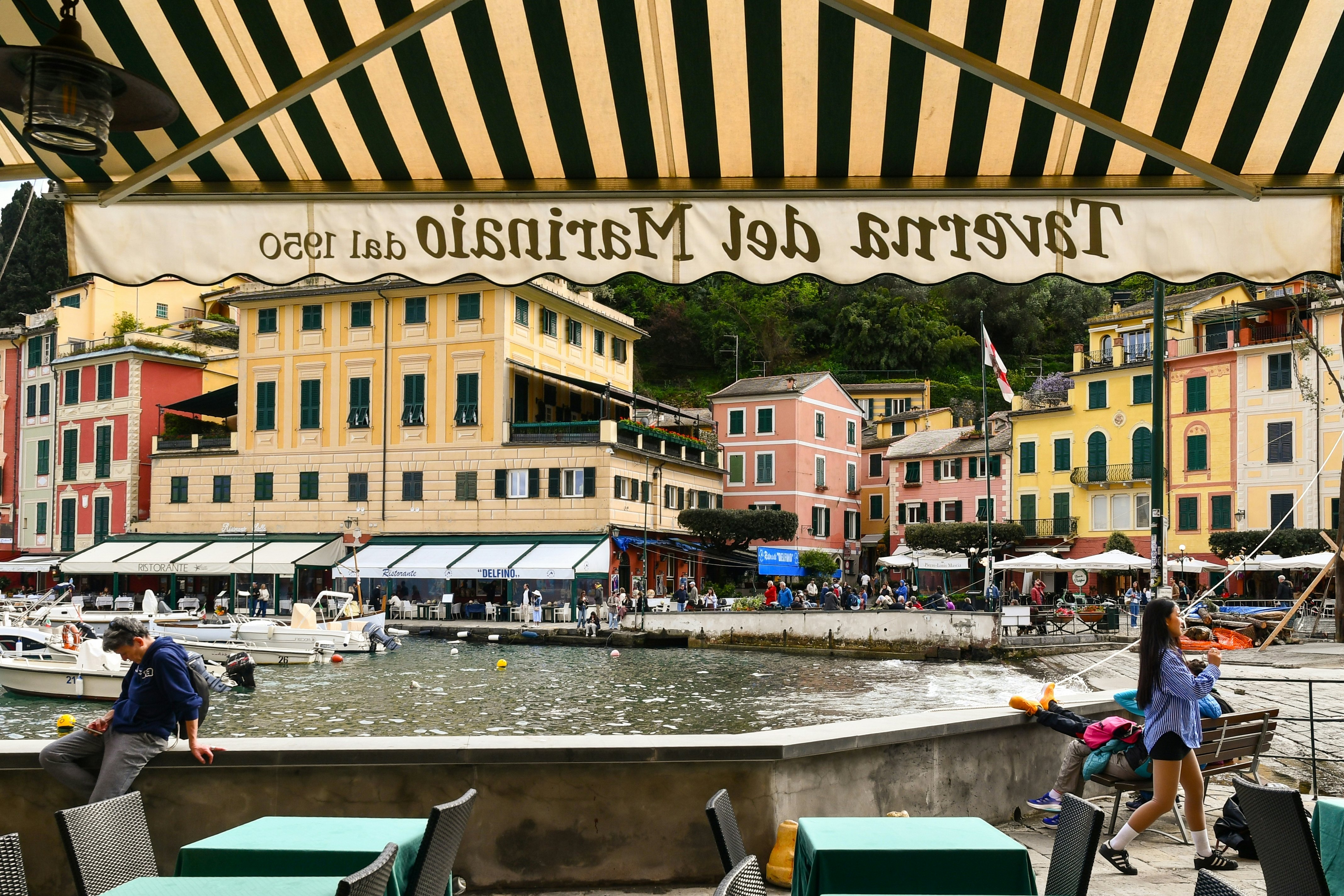 Looking out on a harbor filled with boats in the background are colorful buildings. In the foreground are green table cloth covered tables and a green striped awning.