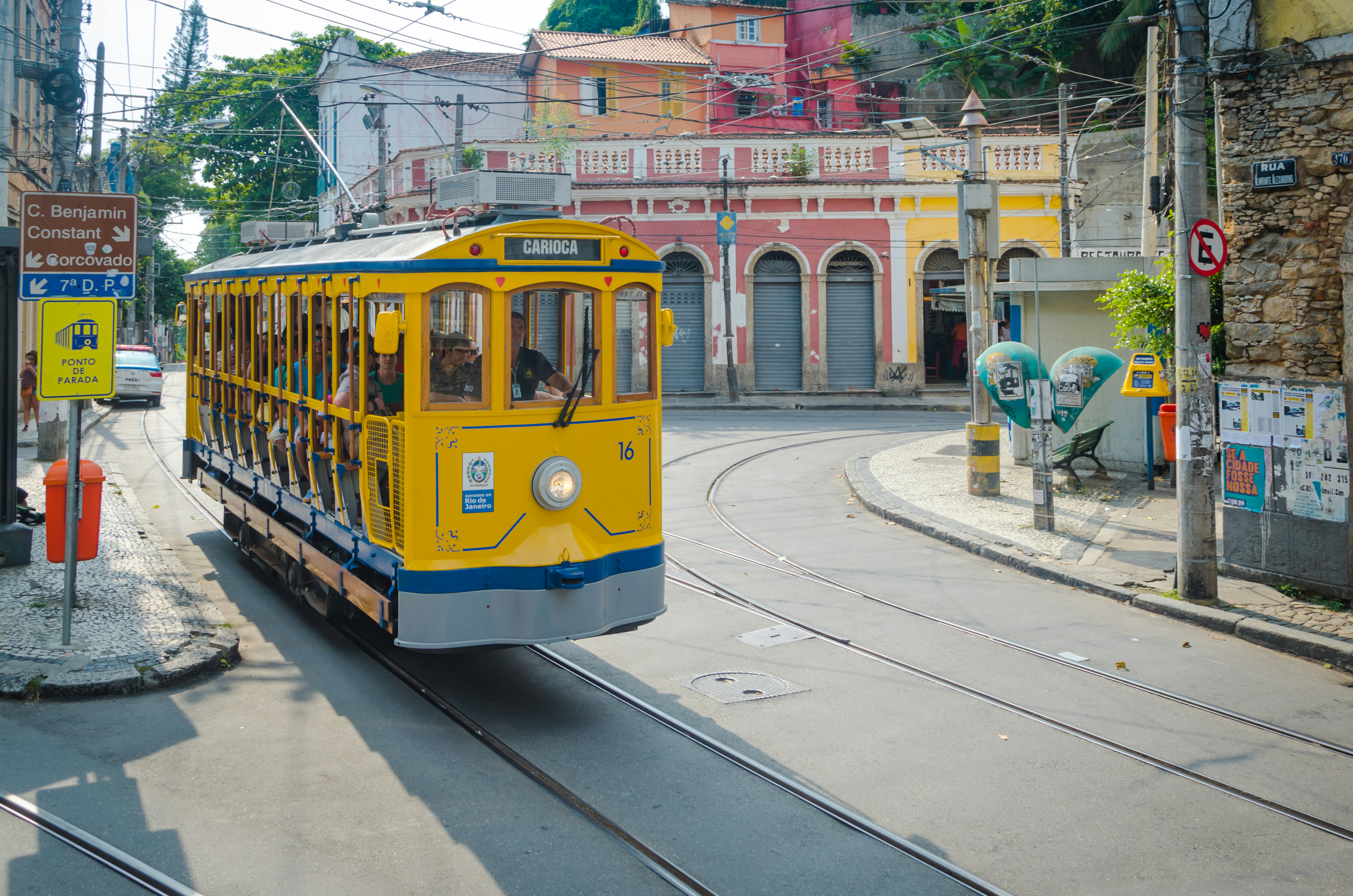 RIO DE JANEIRO Tourists ride the new version of the iconic bonde tram through the hillside neighborhood of Santa Teresa.
