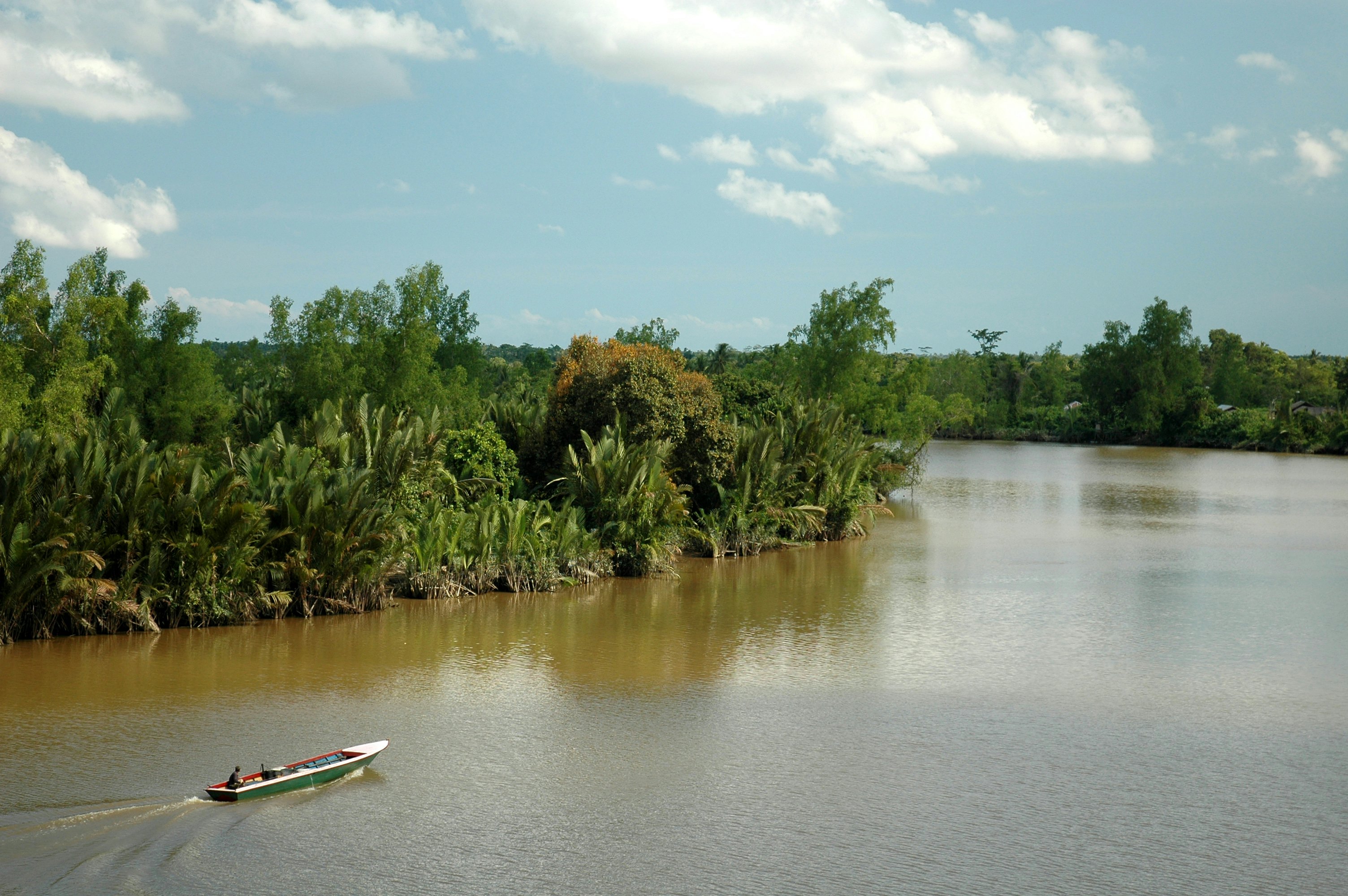 A wide shot of a small boat traveling up a river with lush vegetation on its banks.