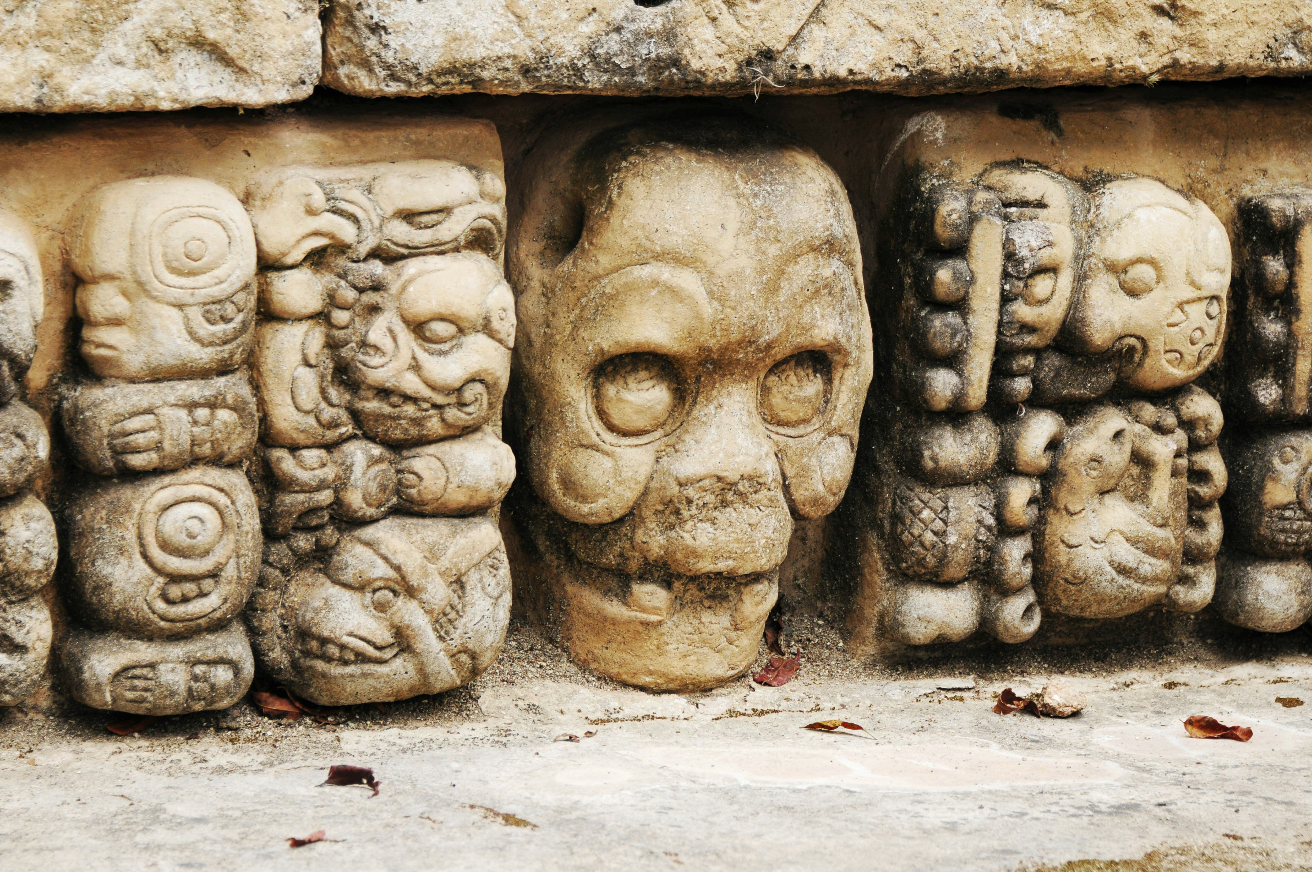 Carved Mayan glyphs on a lintel at Copán in Honduras.