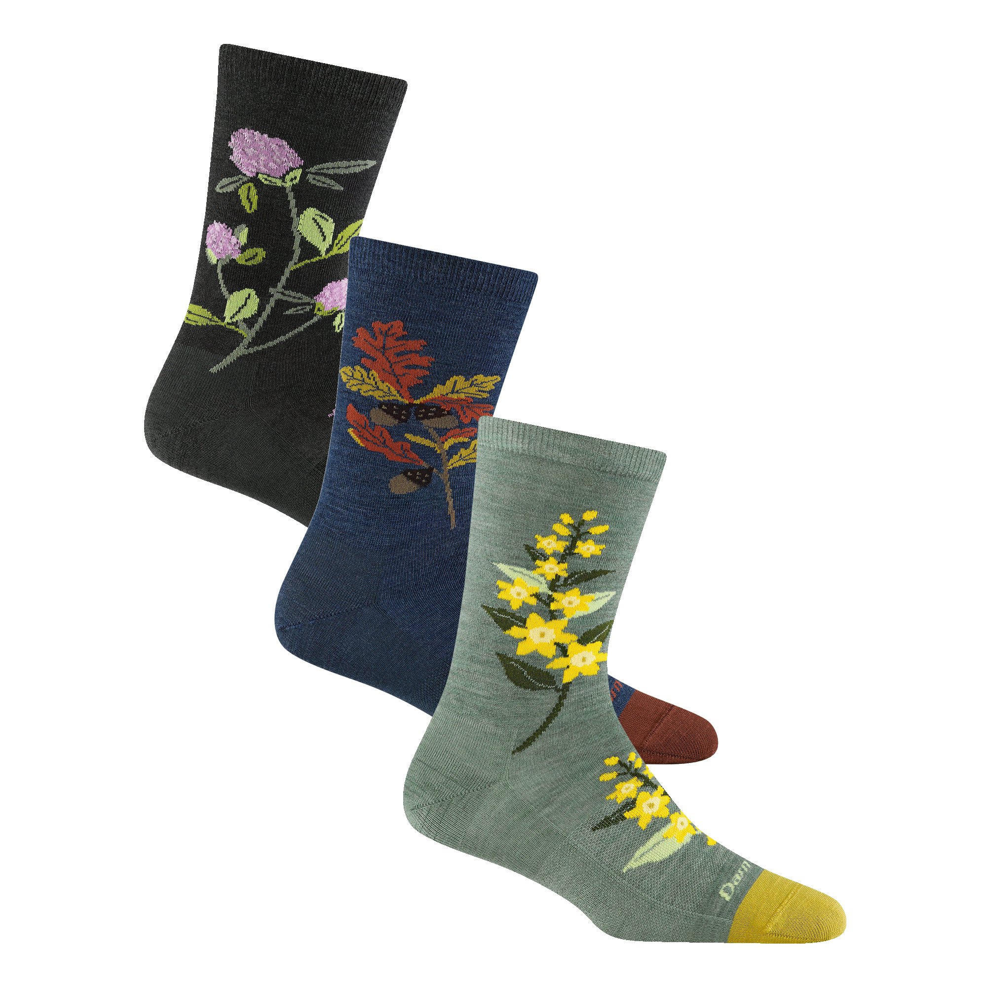 Three pairs of socks with floral patterns.