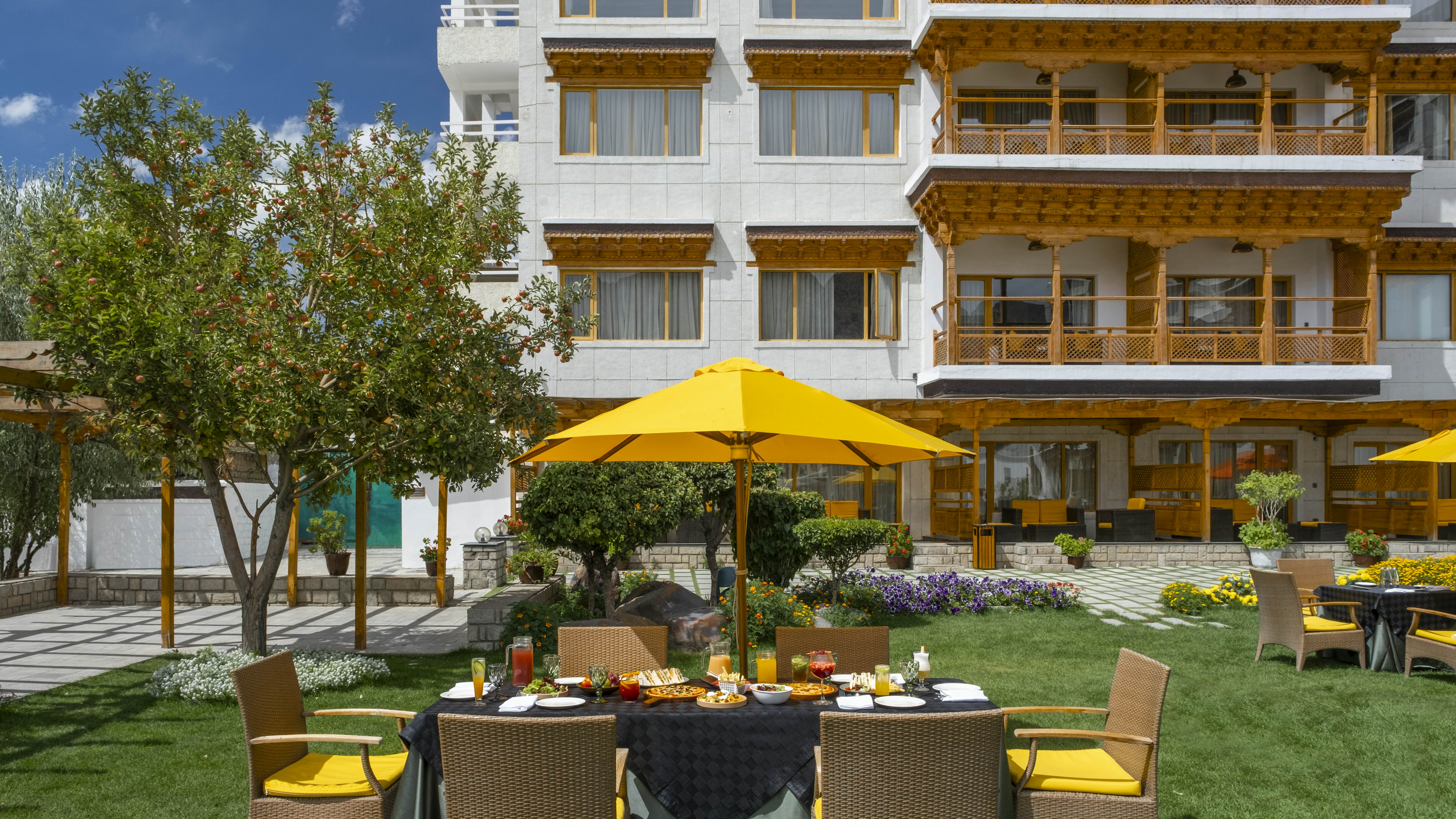 A yellow garden umbrella shades a brunch spread on the lawns at the Grand Dragon, Ladakh