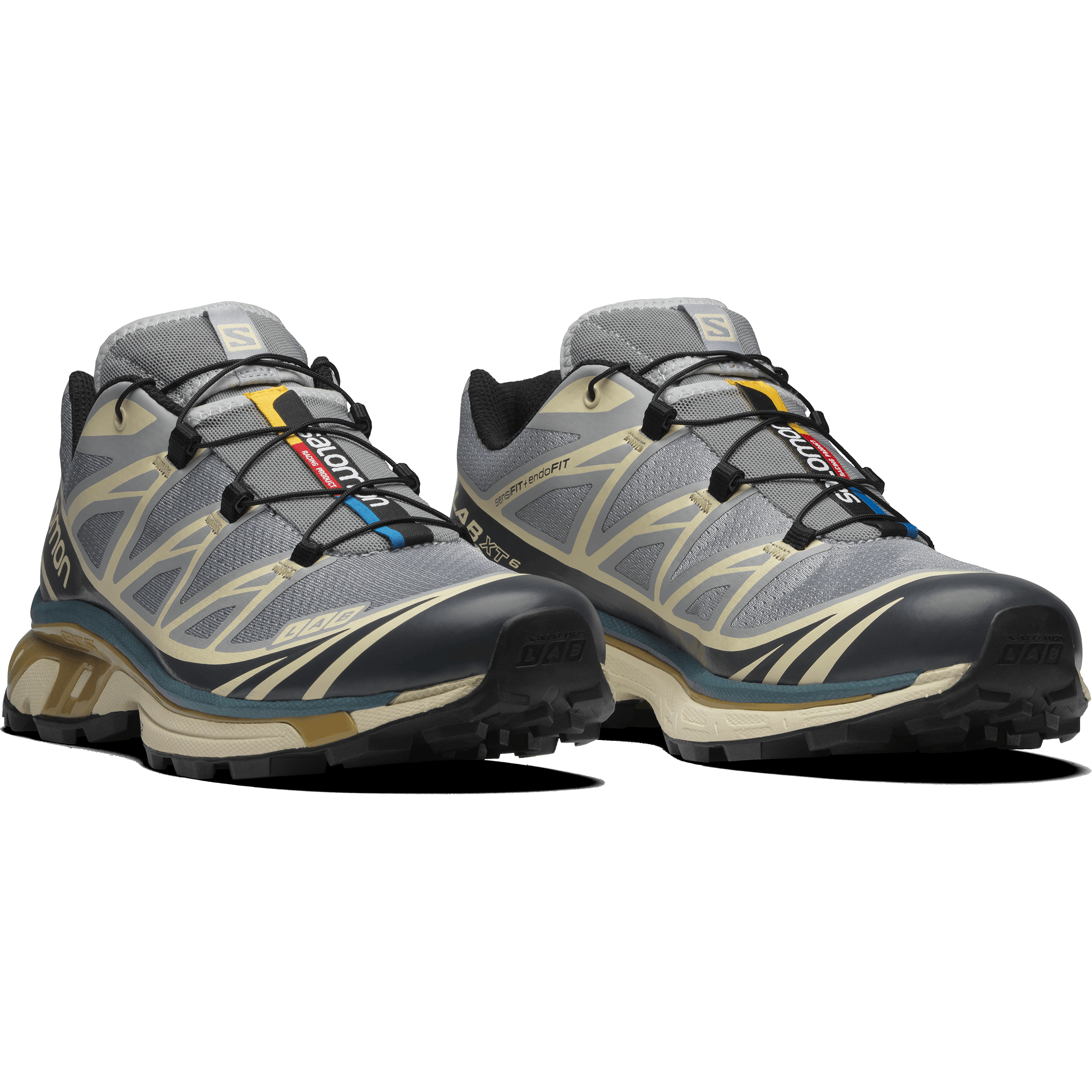 Gray and blue hiking shoes with black laces.
