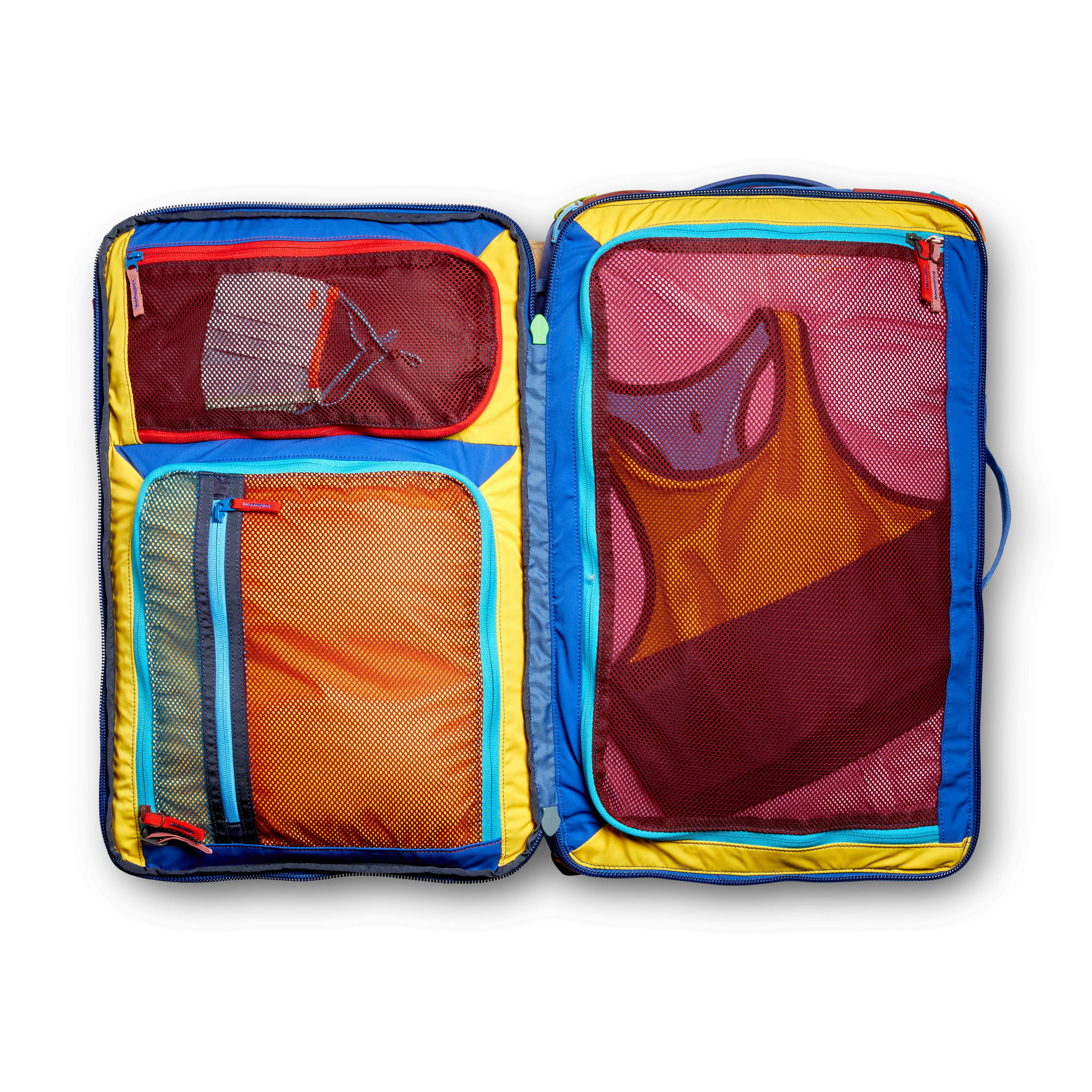 Multicolored mesh pockets in an opened bag.