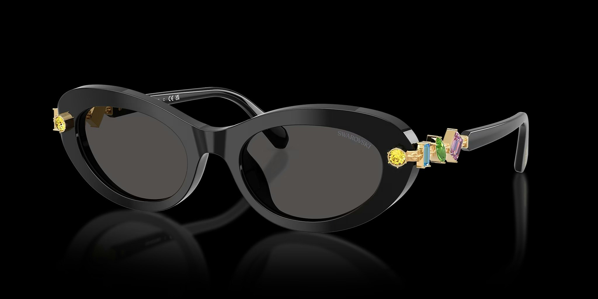 Black sunglasses with colored crystal accents.