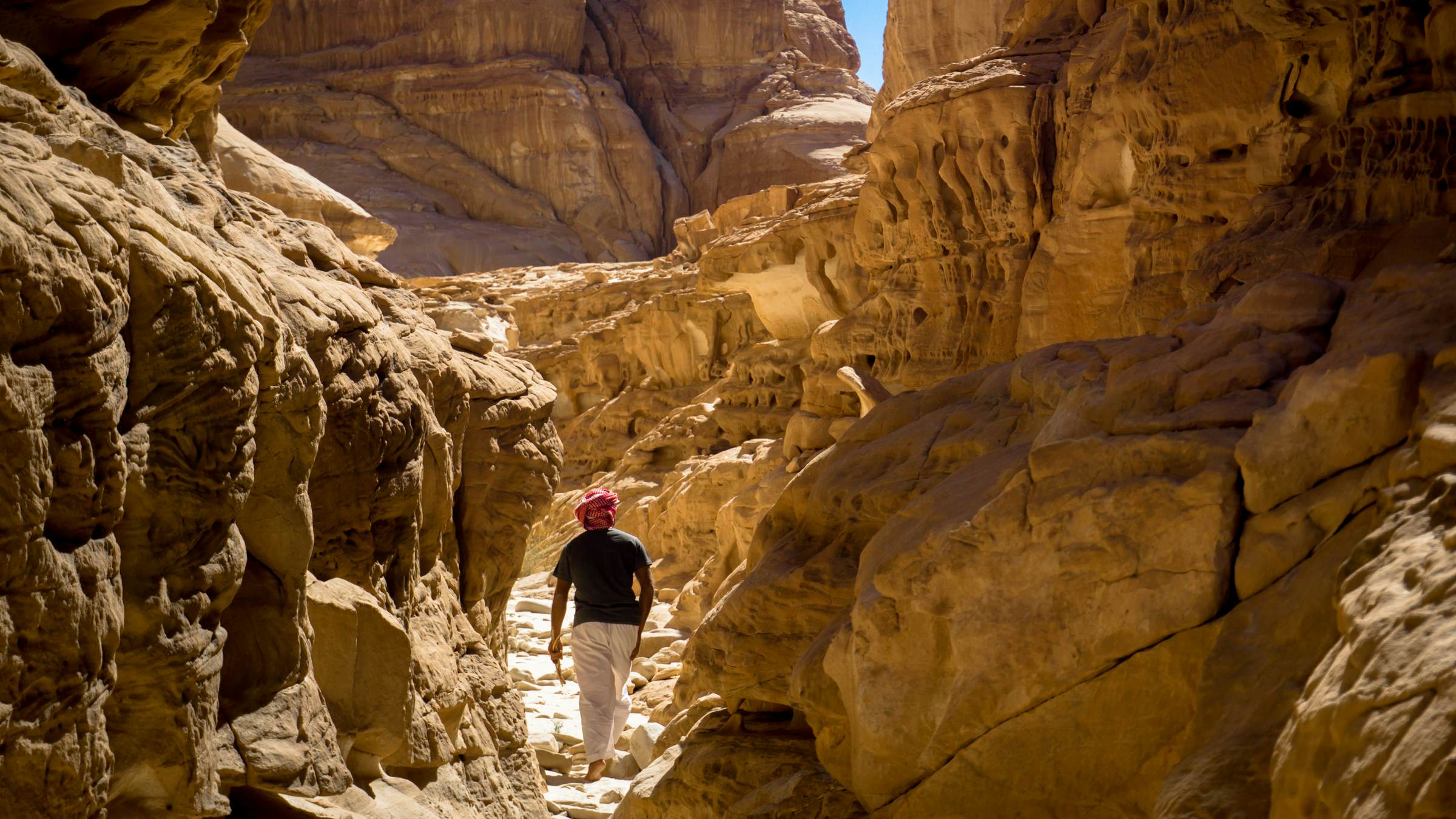 A hiker in red shemagh scarf, black t-shirt and cream trousers hikes through a yellow-rock canyon in Egypt with rocks either side of him and a sliver of clear blue sky in the background.
731845013
Getty,  RFE,  Landscape,  Outdoors,  Nature,  Canyon,  Adventure,  Adult,  Standing,  Eroded,  Summer,  Travel,  Lifestyles,  Desert,  Hiking,  Geology,  Egypt,  Cliff,  Day,  Exploration,  Sky,  People,  Mountain,  Scenics,  Tranquility,  Men,  Beauty In Nature,  Full Length,  Horizontal Image,  Leisure Activity,  One Man Only,  One Person,  Physical Geography,  Real People,  Rear View,  Rock - Object,  Rock Formation,  Rocky Mountains,  Tranquil Scene,  Adventure,  Canyon,  Hiking,  Leisure Activities,  Mountain,  Nature,  Outdoors,  Person,  Valley
A hiker in a desert canyon in Egypt.