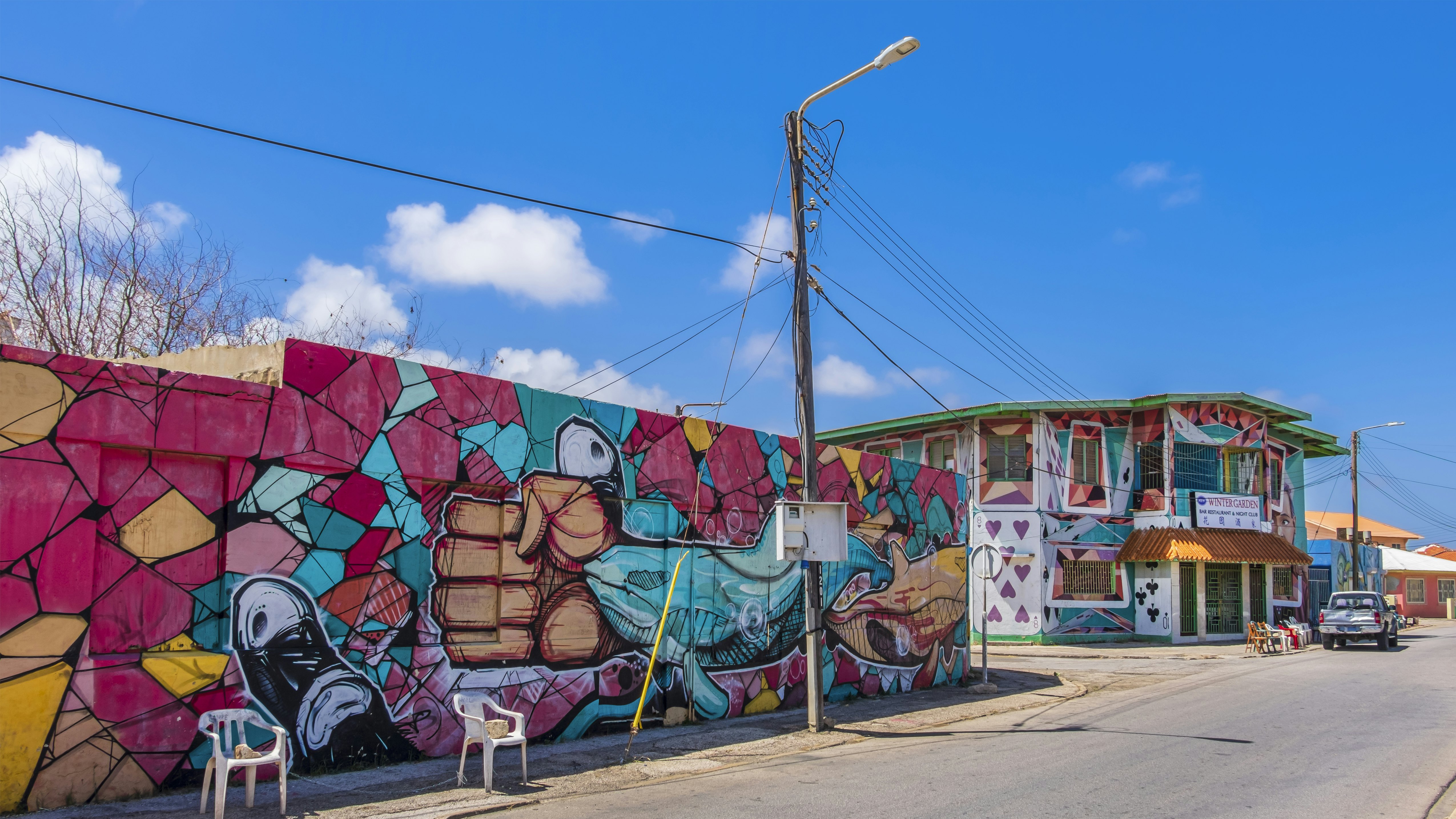 A colorfully painted art wall along a paved street with an equally colorful house in the distance on a sunny day.