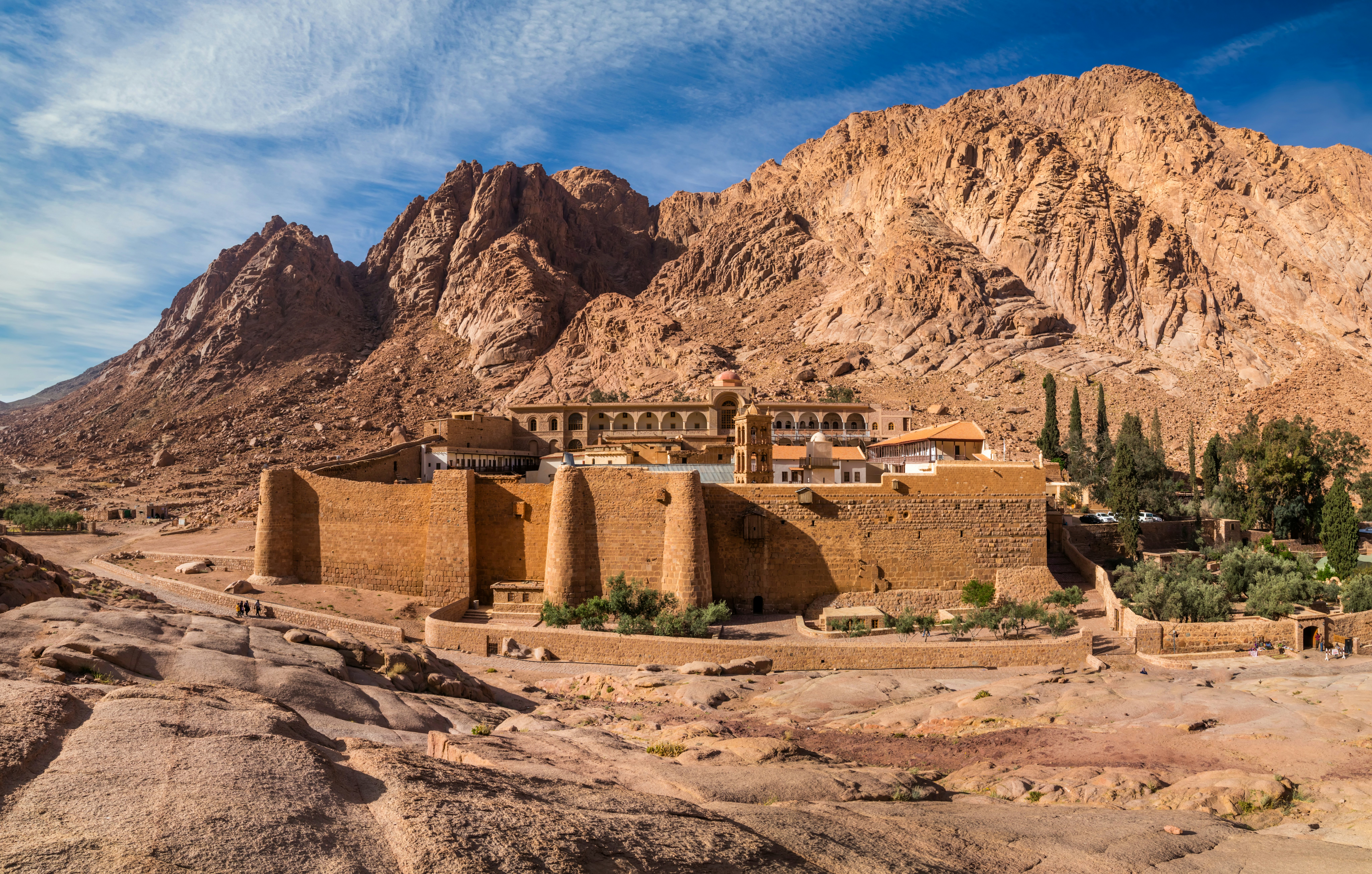 A view of the mountains rising behind Saint Katherine's Monastery in the Sinai Peninsula, Egypt.