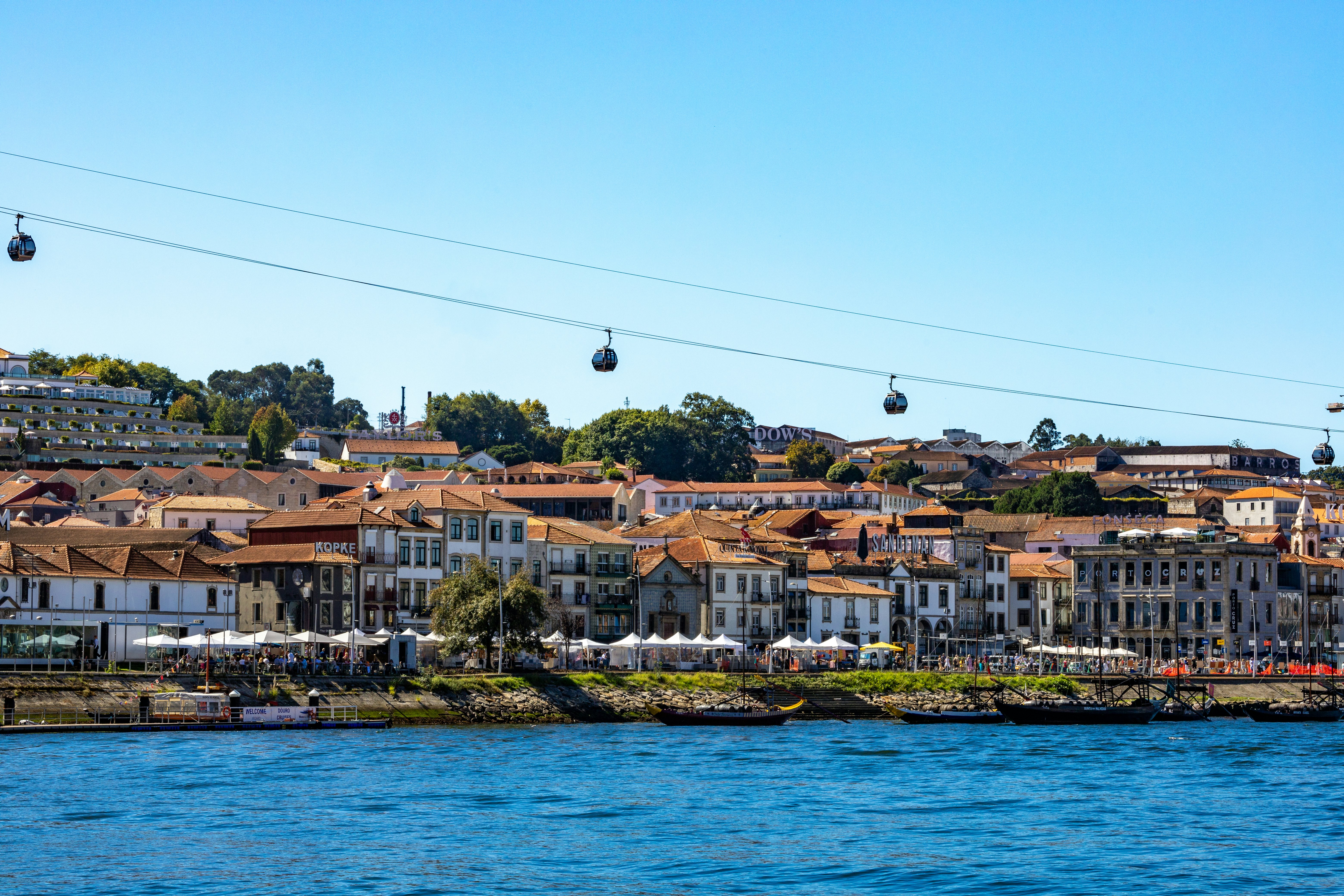 Historic riverside buildings packed tightly together. A modern cable car passes overhead.