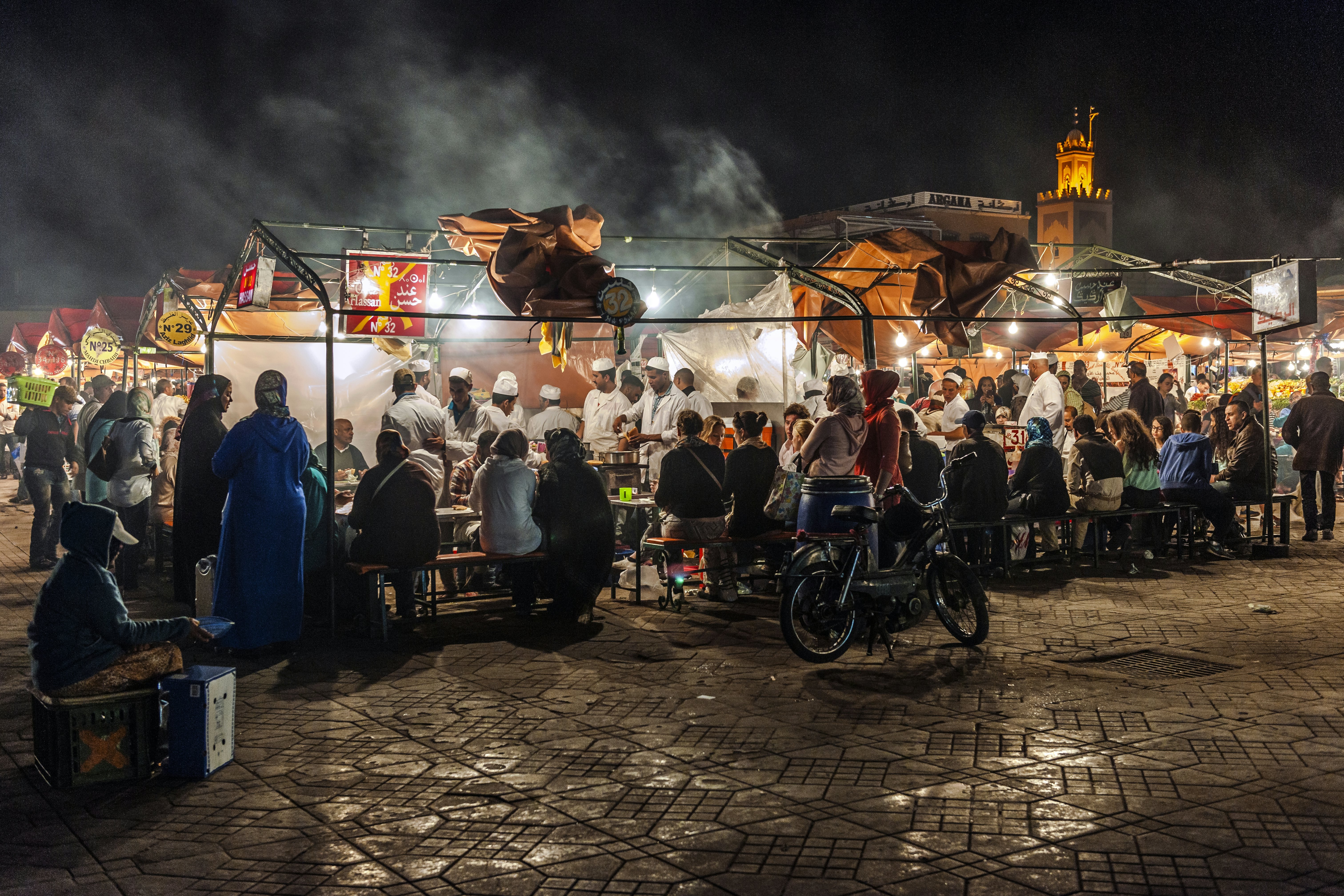 Marrakech, Djemma el fna square the famous place many traditional food sellers are cooking every night for the tourists and Moroccan people.