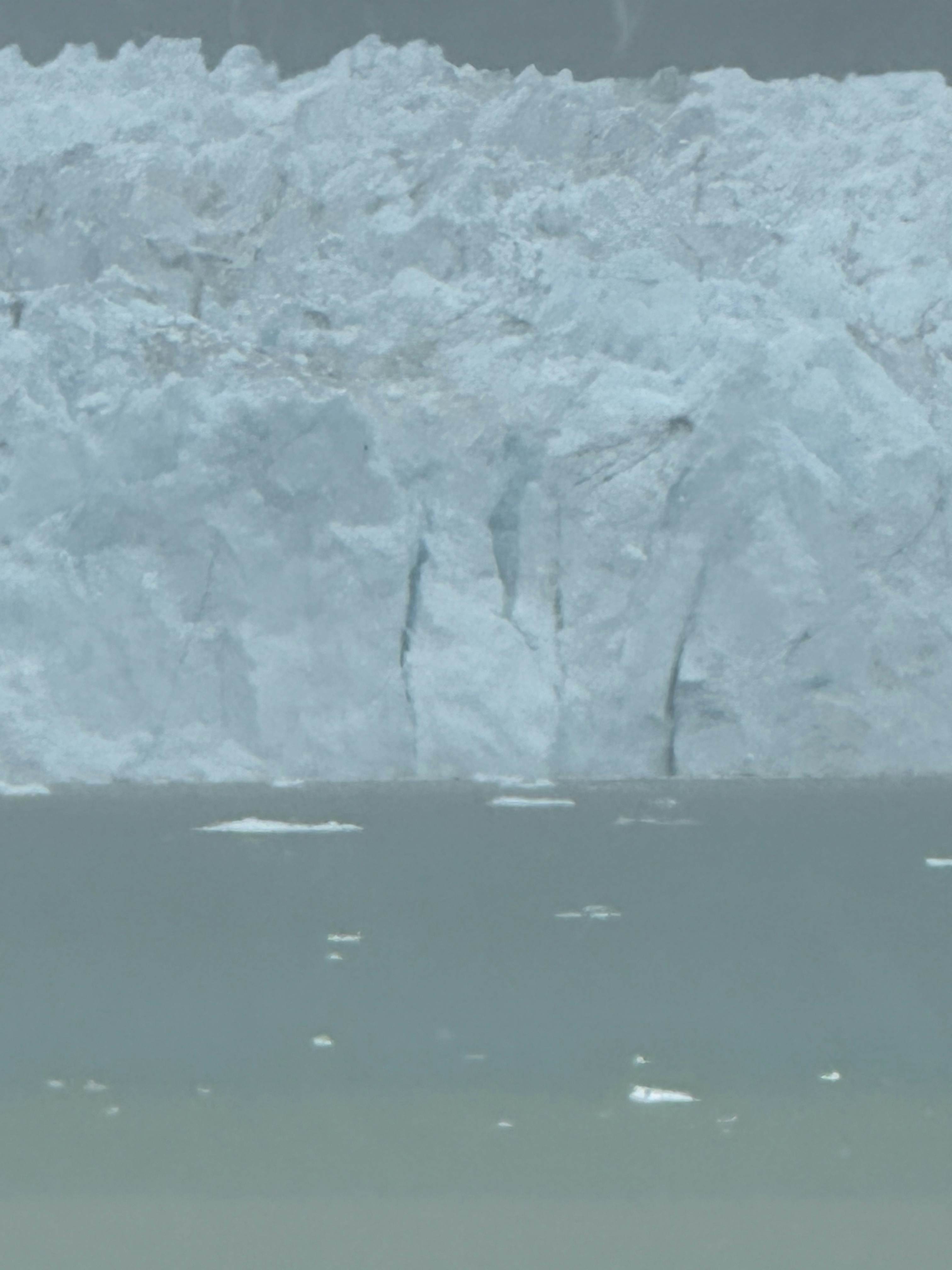 A glacier in the ocean on an overcast day.