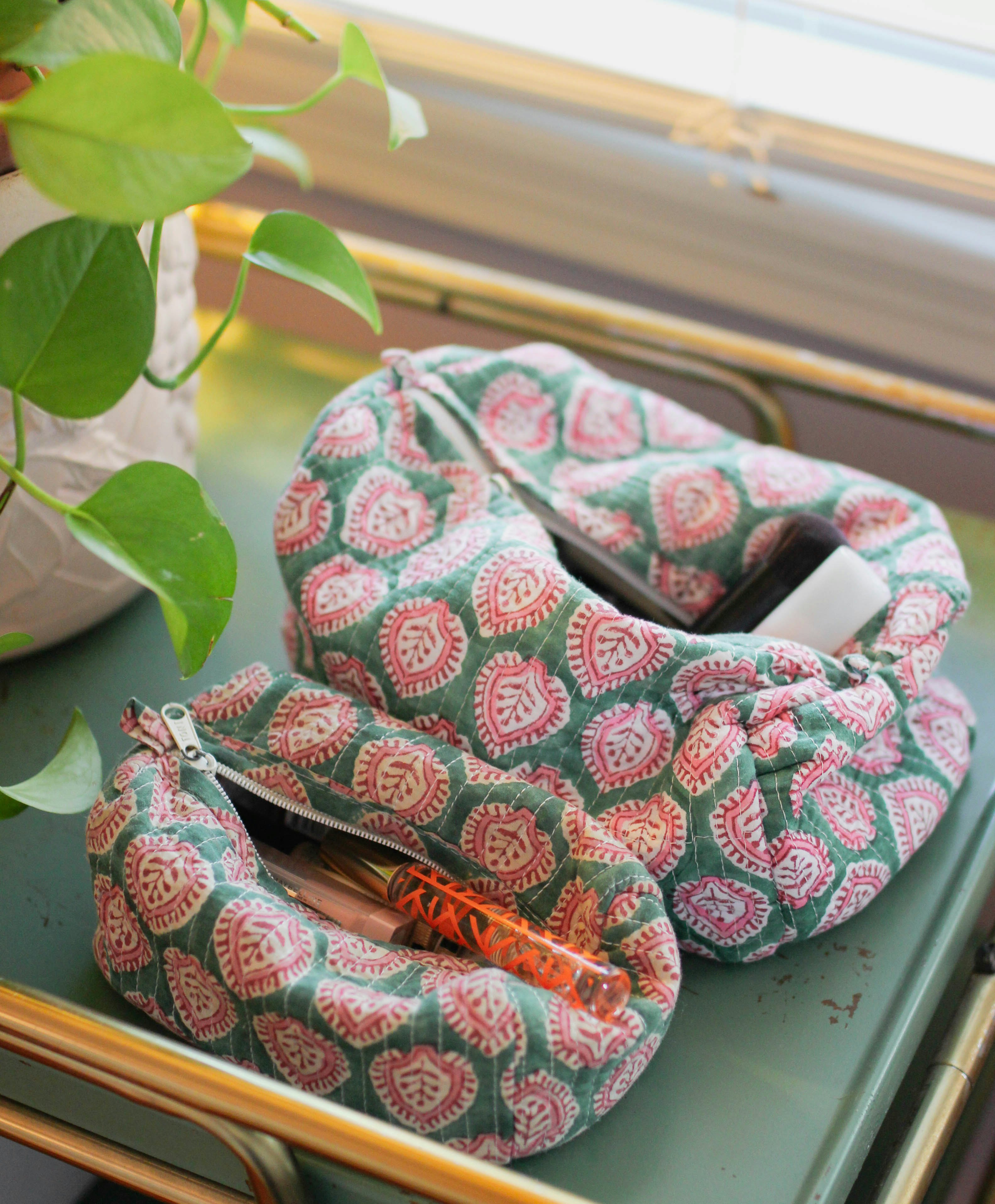 Block-printed travel pouches