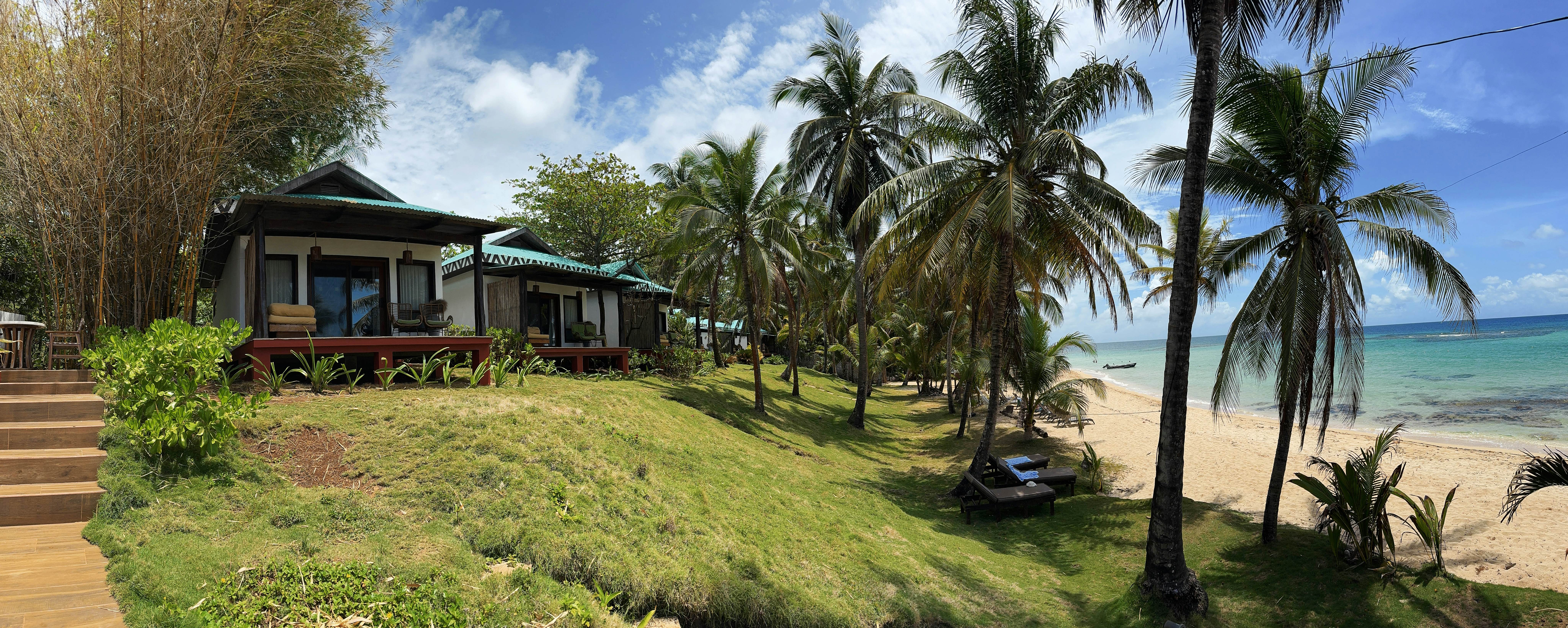 Panoramic of Yemaya Reefs Hotel. Little Corn Island, Nicaragua. May 2025.