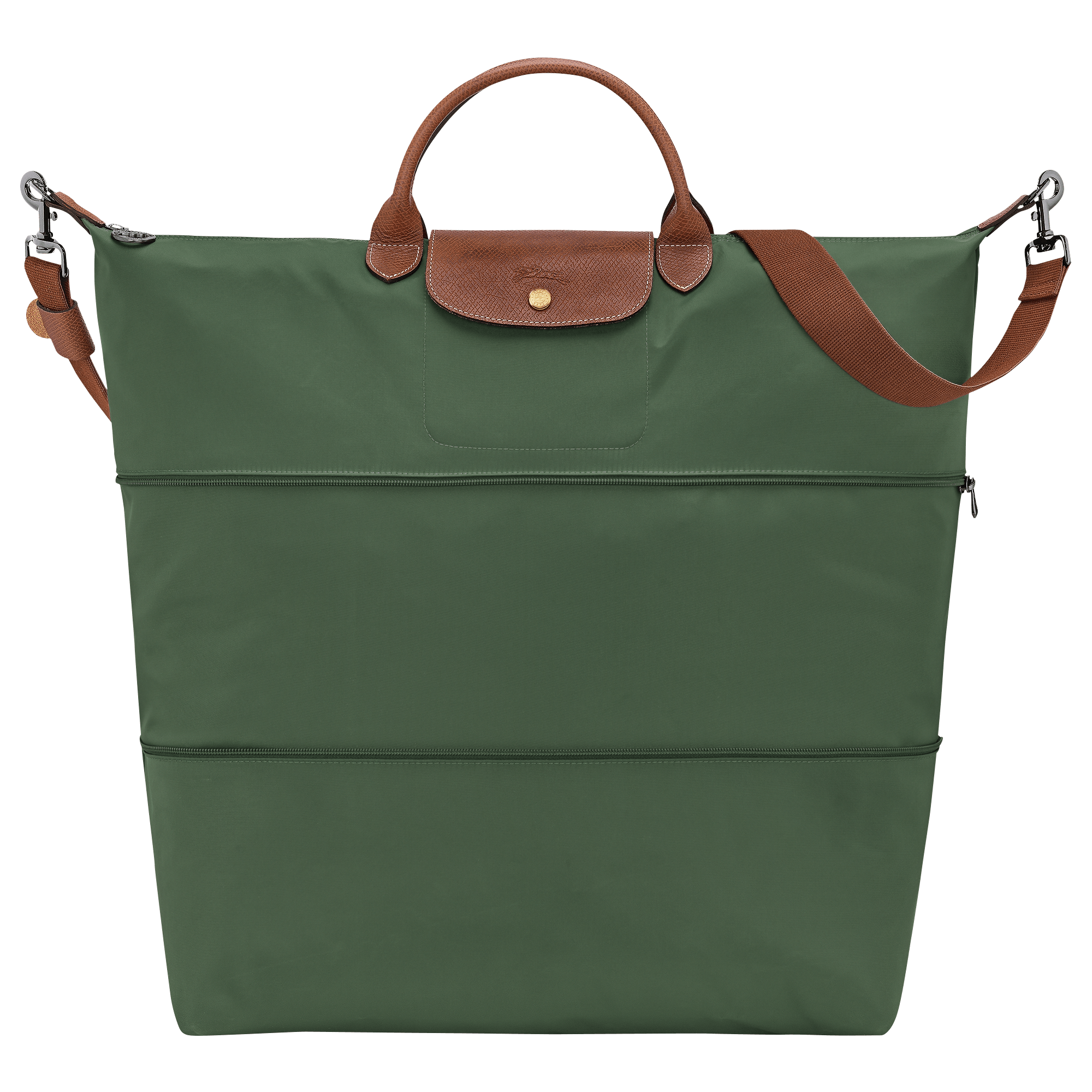 A green bag with a brown leather handle and strap.
