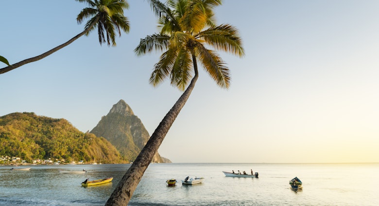 Issue 72, Lonely Planet Traveller, Great Escape, The Caribbean
Palm trees on beach with view of Gros Piton in distance.