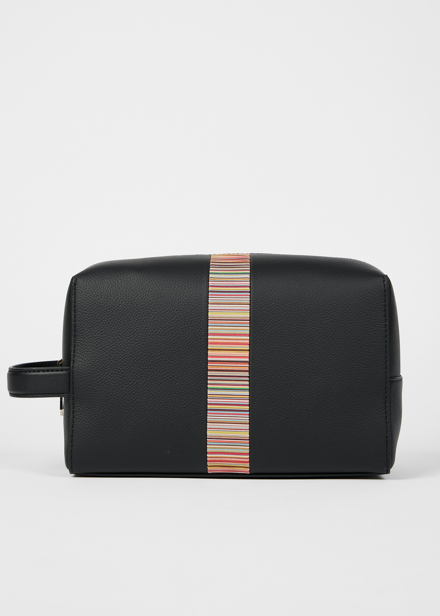 A black bag with a multicolored striped panel in the center.