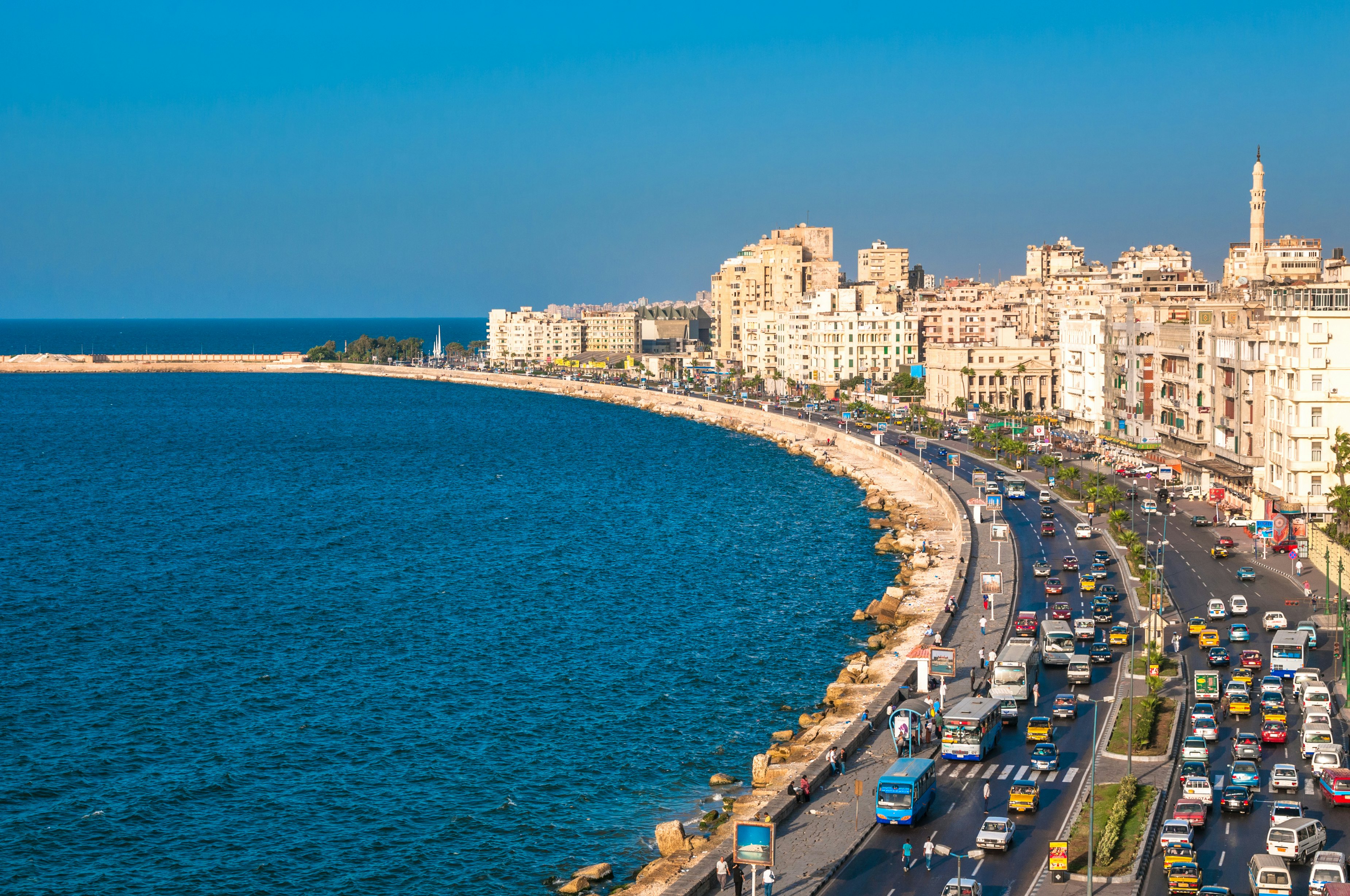 Traffic on the seafront in Alexandria, Egypt.