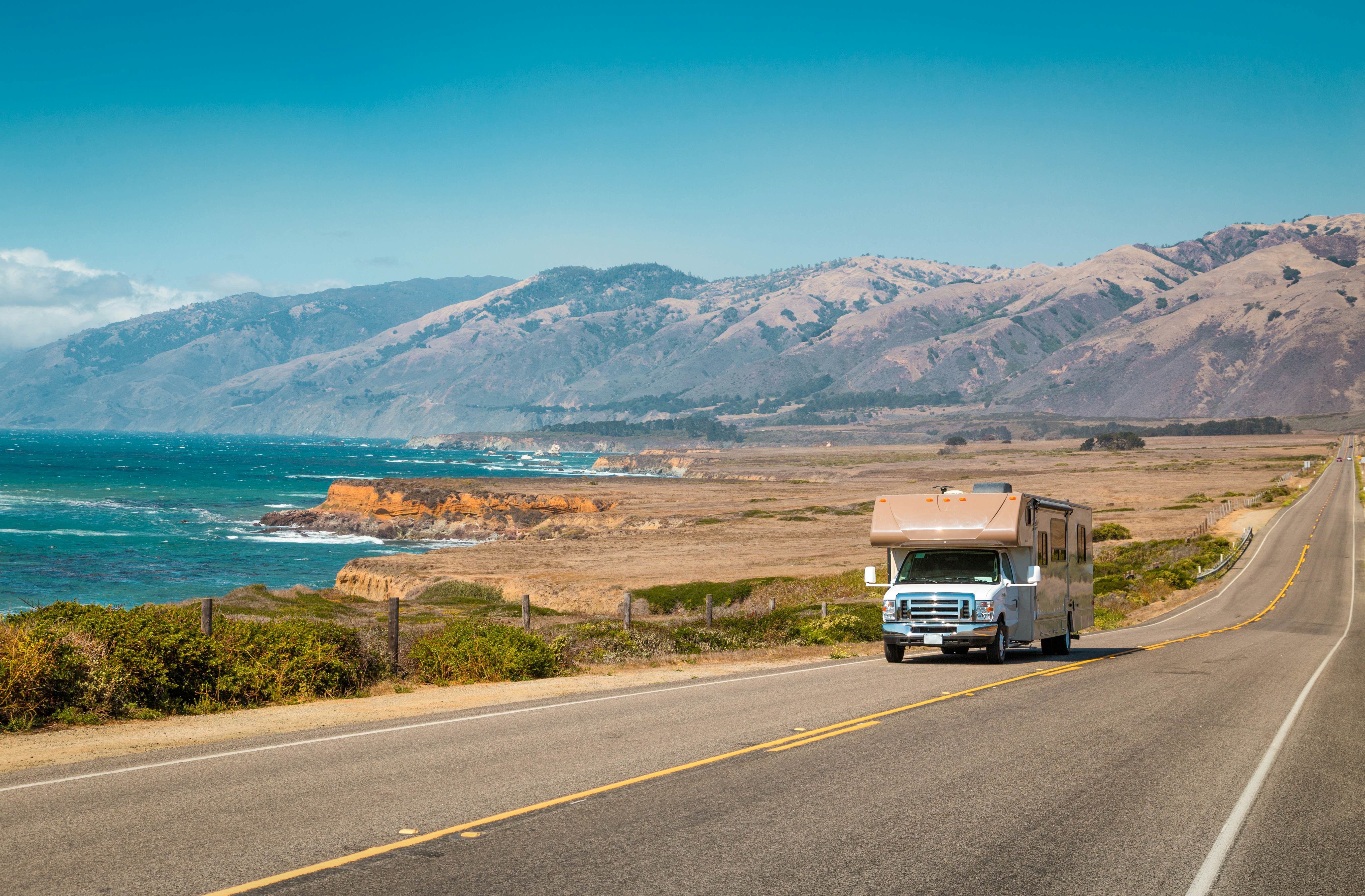 Panorama view of recreational vehicle driving on famous Highway 1 along the beautiful Central Coast of California, Big Sur, USA, License Type: media, Download Time: 2025-11-11T18:39:06.000Z, User: meg3348277, Editorial: false, purchase_order: 56530 - Guidebooks, job: Global Publishing-WIP, client: Lonely Planet 'Journey - Pacific Coast Highway 1', other: Megan Cassidy