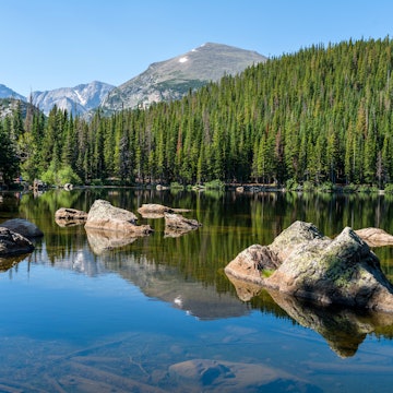 Bear Lake - A sunny summer morning view of a rocky section of Bear Lake, Rocky Mountain National Park, Colorado, USA., License Type: media, Download Time: 2025-09-16T11:45:14.000Z, User: comptonsheldon109, Editorial: false, purchase_order: 56530 - Guidebooks, job: Global Publishing WIP, client: American Rockies 4, other: Compton Sheldon