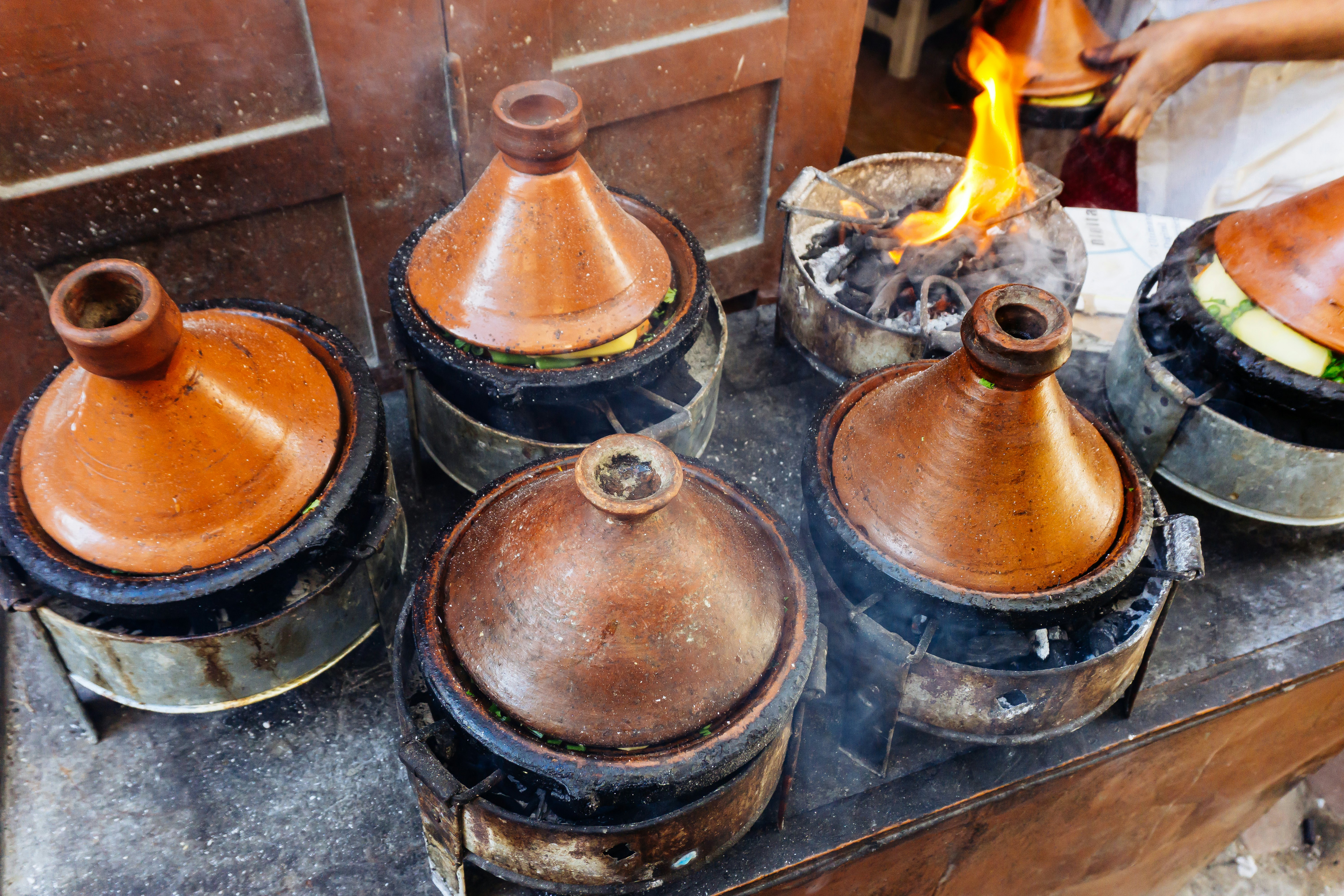 Moroccan Tagines, Street food in Morocco (Marrakesh). National and traditional cuisine of Morocco and North Africa.