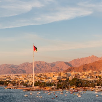 Aqaba, Jordan - November 6, 2017: Flag of Jordan waving over the city on the Sunset. Arab Flag of Revolt-Sixth Tallest Flagpole in the World., License Type: media_digital, Download Time: 2024-07-29T17:11:12.000Z, User: nic.dhoedt_lonelyplanet, Editorial: true, purchase_order: 56530, job: Global Publishing WIP, client: Lonely Planet Middle East 10, other: Nicolas D'Hoedt
DIGITAL ONLY LICENSE