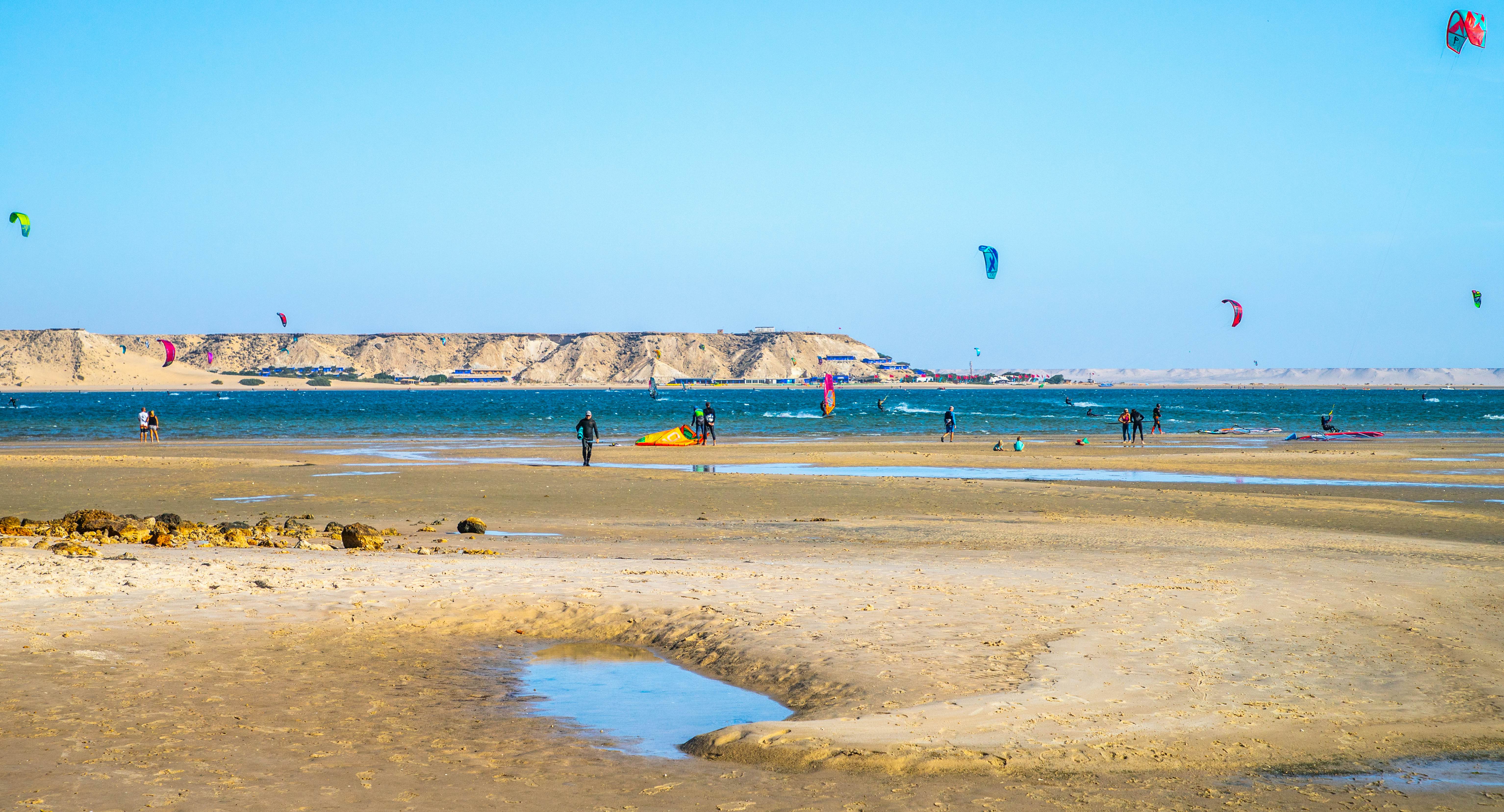 DAKHLA, MOROCCO, JAN 12, 2019: surfers on the Dakhla sea, Western Sahara, Morocco, License Type: media, Download Time: 2025-06-26T12:59:52.000Z, User: hannahblackie10, Editorial: true, purchase_order: 56530 - Guidebooks, job: Global Publishing WIP, client: Morocco 15, other: Hannah Blackie
