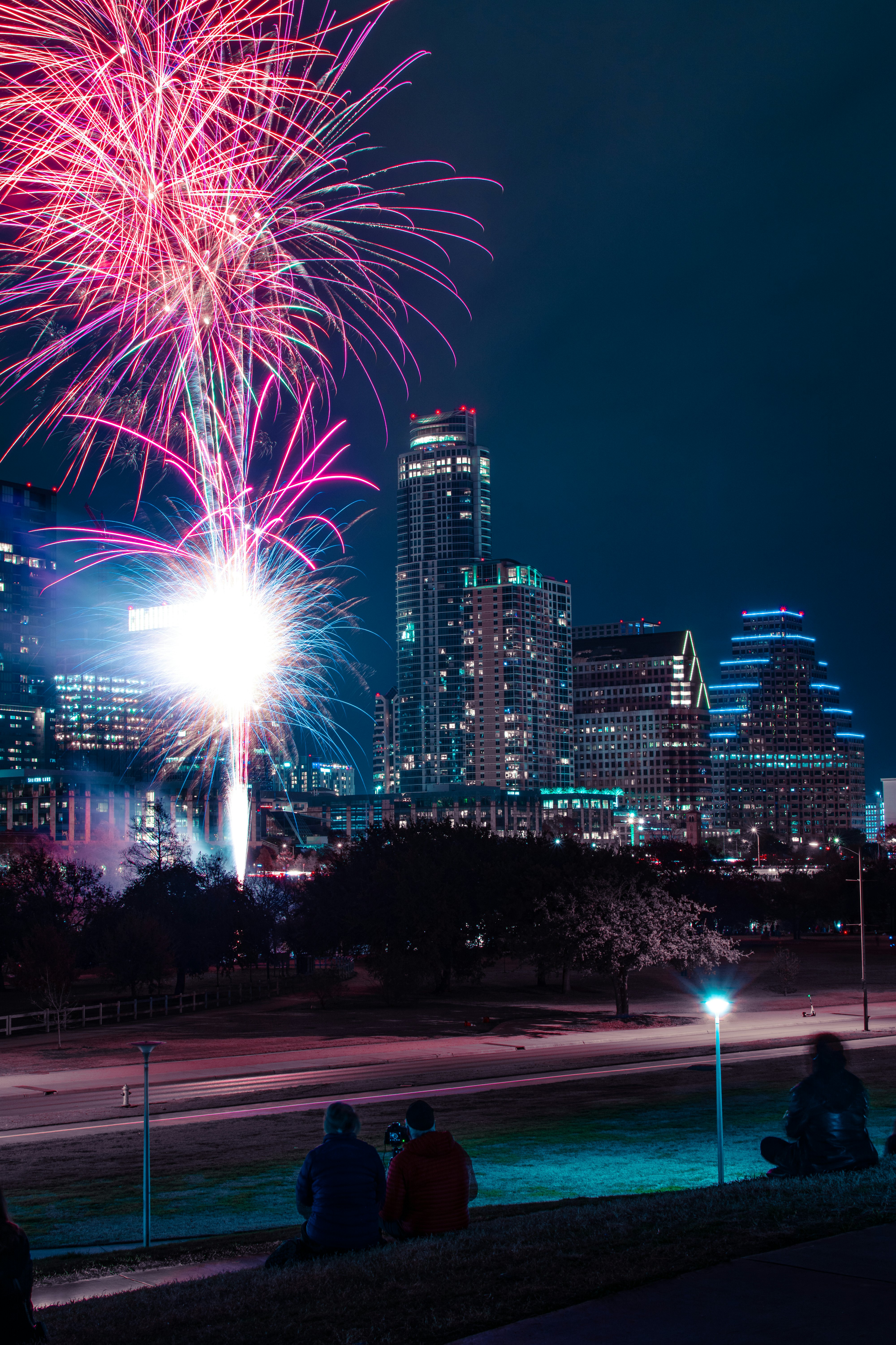 Firework show on New Years Eve in downtown Austin.