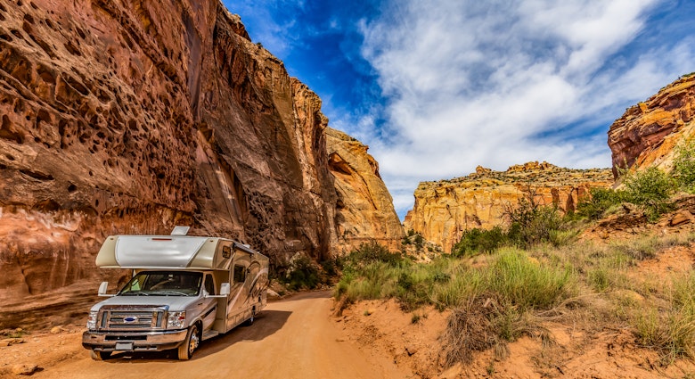 Capitol Reef, Utah, USA - 7 July 2019: Camper Van on Canyon scenic drive in Capitol Reef National Park, Utah, USA, License Type: media, Download Time: 2025-05-29T14:41:08.000Z, User: lonelyplanetmedia, Editorial: true, purchase_order: 65050 - Digital Destinations and Articles, job: Global Publishing WIP, client: Global Publishing WIP, other: Peterson Haggarty // SS Comp Ingestion