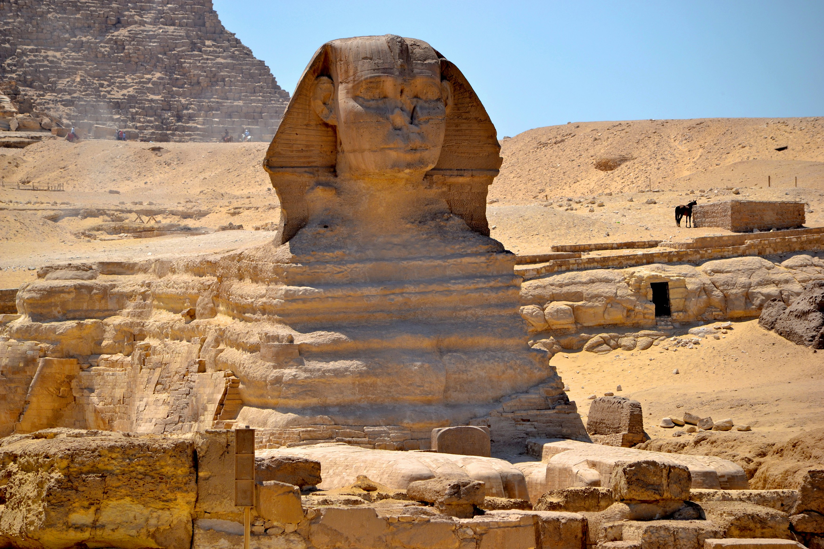 The Great Sphinx of Giza in Egypt, a large statue in the form of an animal with a human head.
