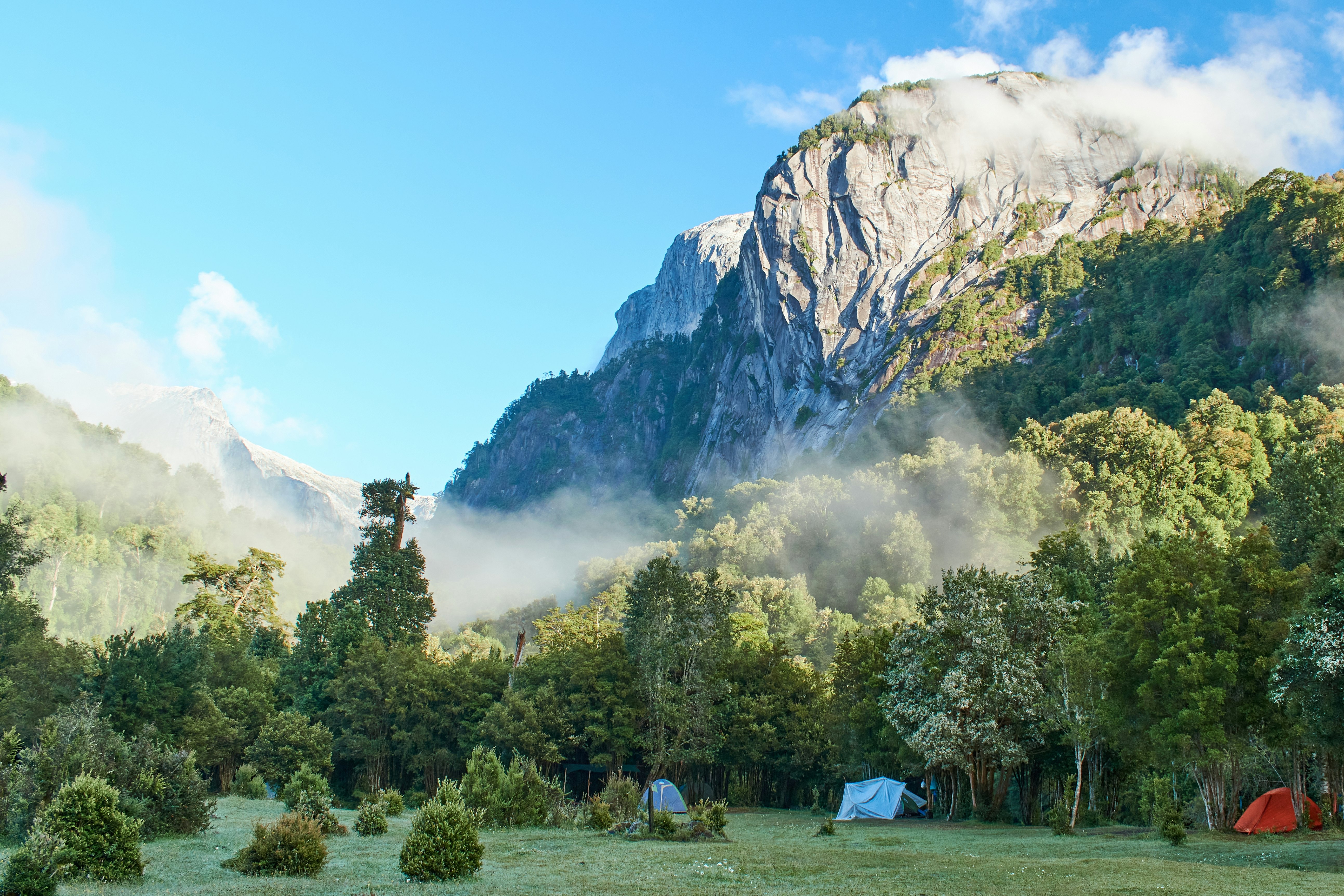 Tents are pitched in a clearing in a forest, with huge mountains shrouded by mist looming above.