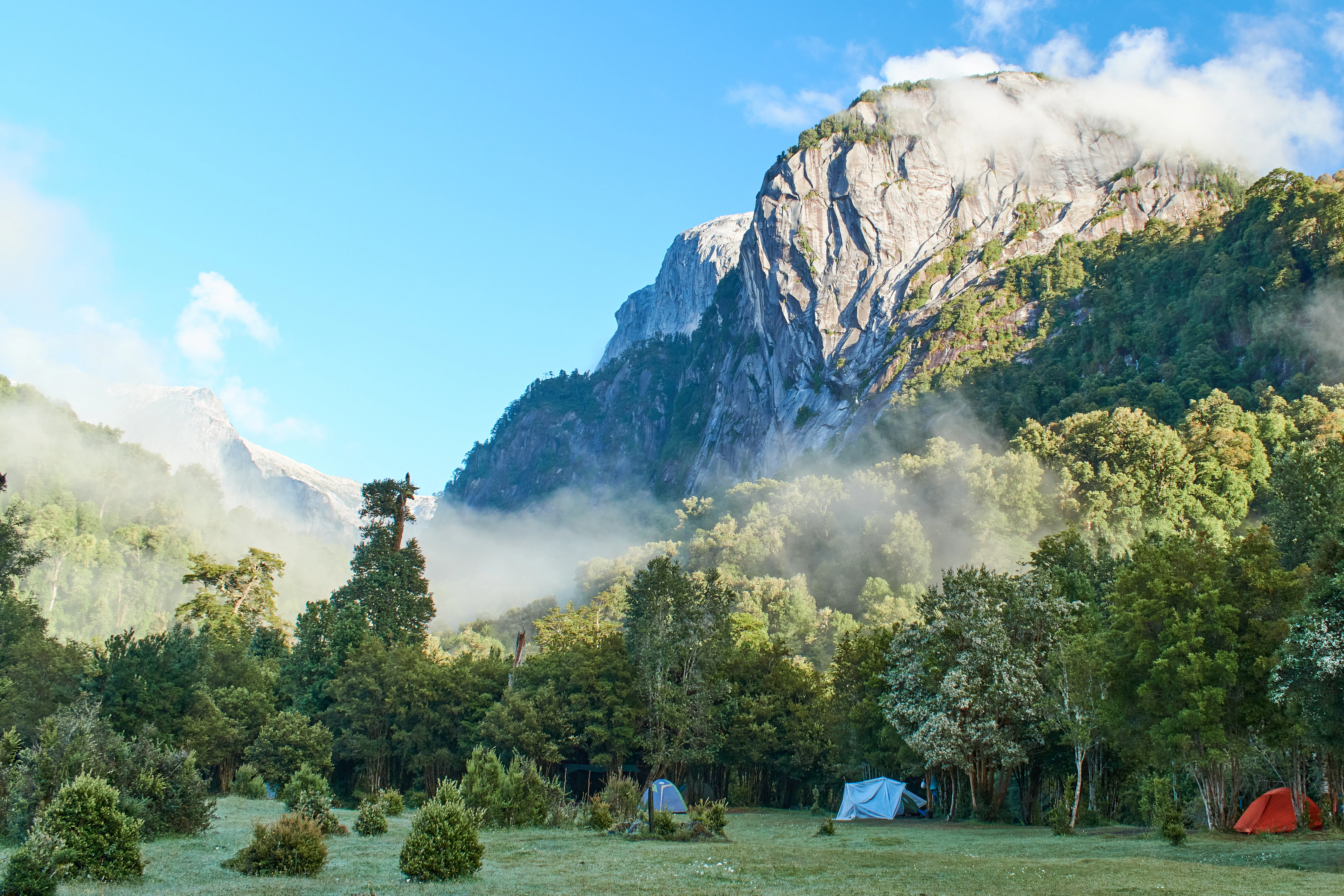 Tents are pitched in a clearing in a forest, with huge mountains shrouded by mist looming above.