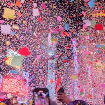 NEW YORK, N.Y. – January 1, 2023: Confetti falls in Times Square during a New Year’s celebration.; Shutterstock ID 2243961551; purchase_order:65050 - Digital Destinations and Articles; job:Online editorial; client:Where to celebrate NYE USA; other:Ann Douglas Lott
2243961551
