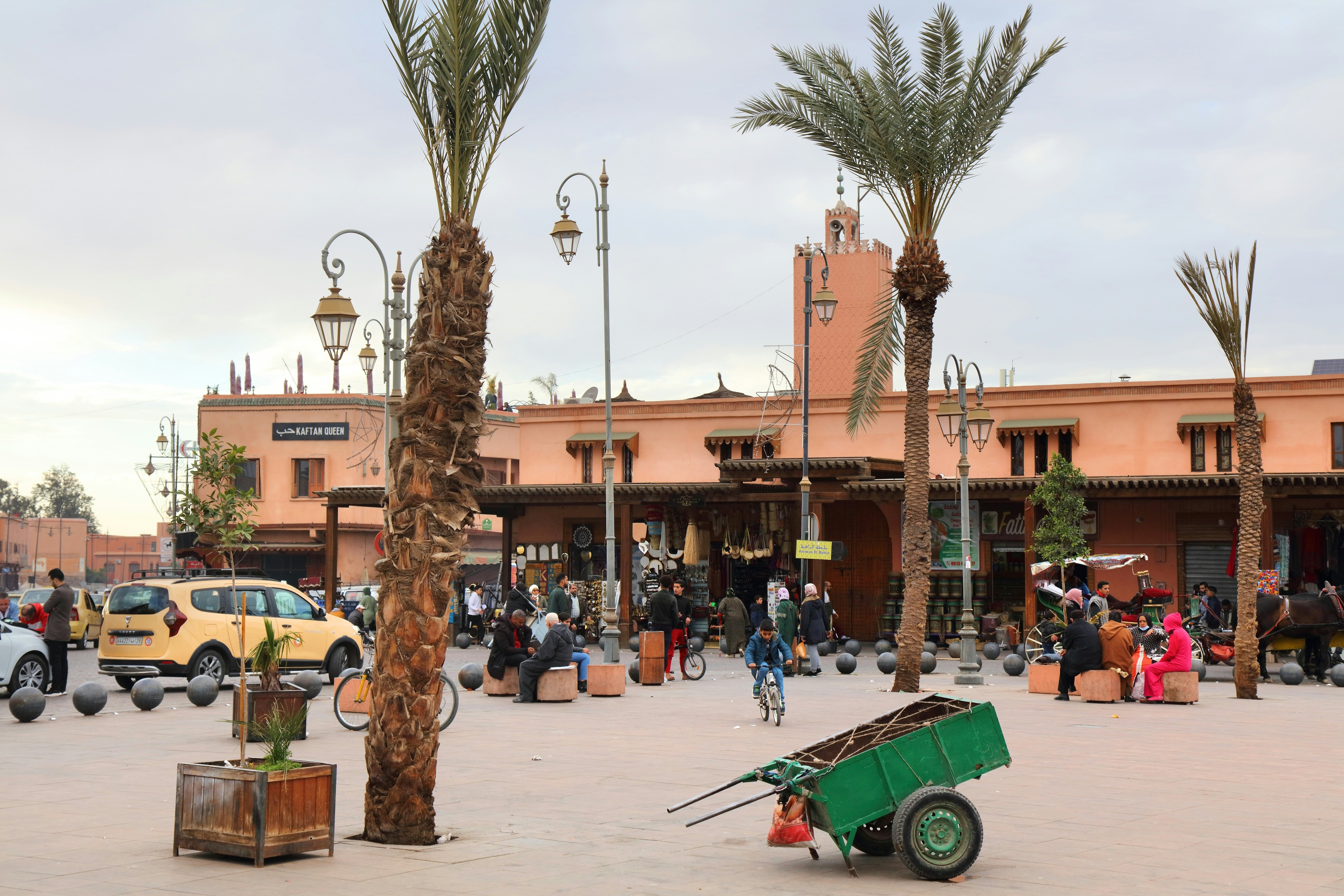 MARRAKECH, MOROCCO - FEBRUARY 20, 2022: People visit Place des Ferblantiers city square of Marrakech city, Morocco.