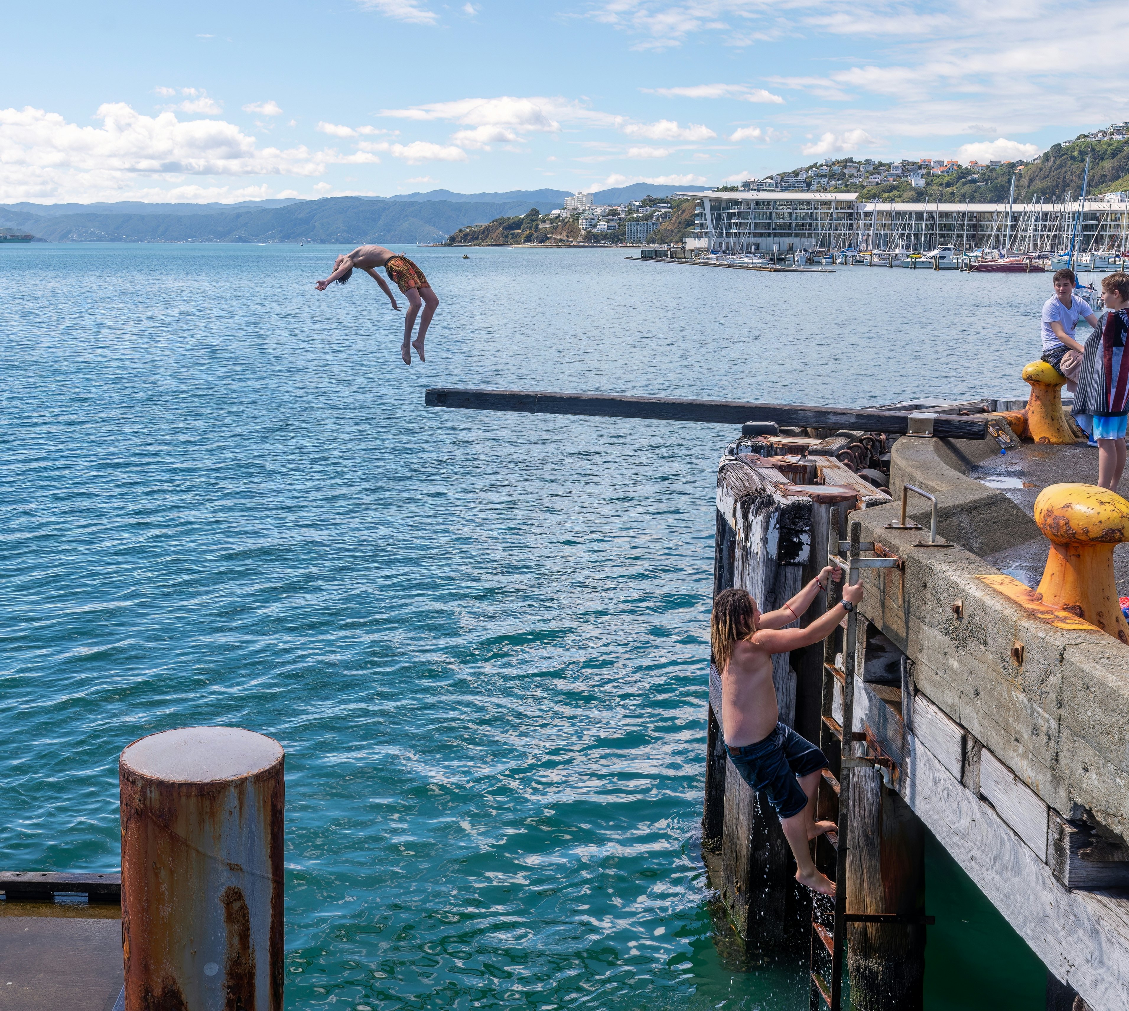 A kid jumps backwards off a diving board into a harbor as another climbs a ladder nearby from the water back up to the wharf.