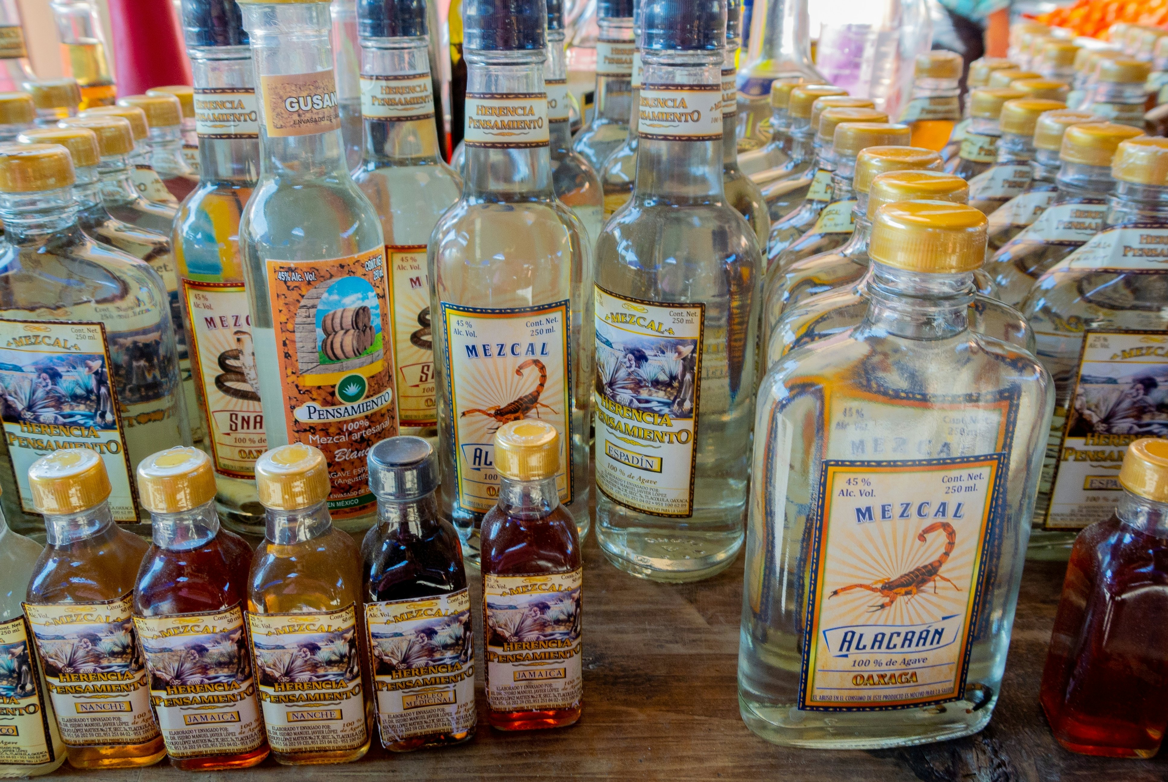Bottles of mezcal lined up for sale.