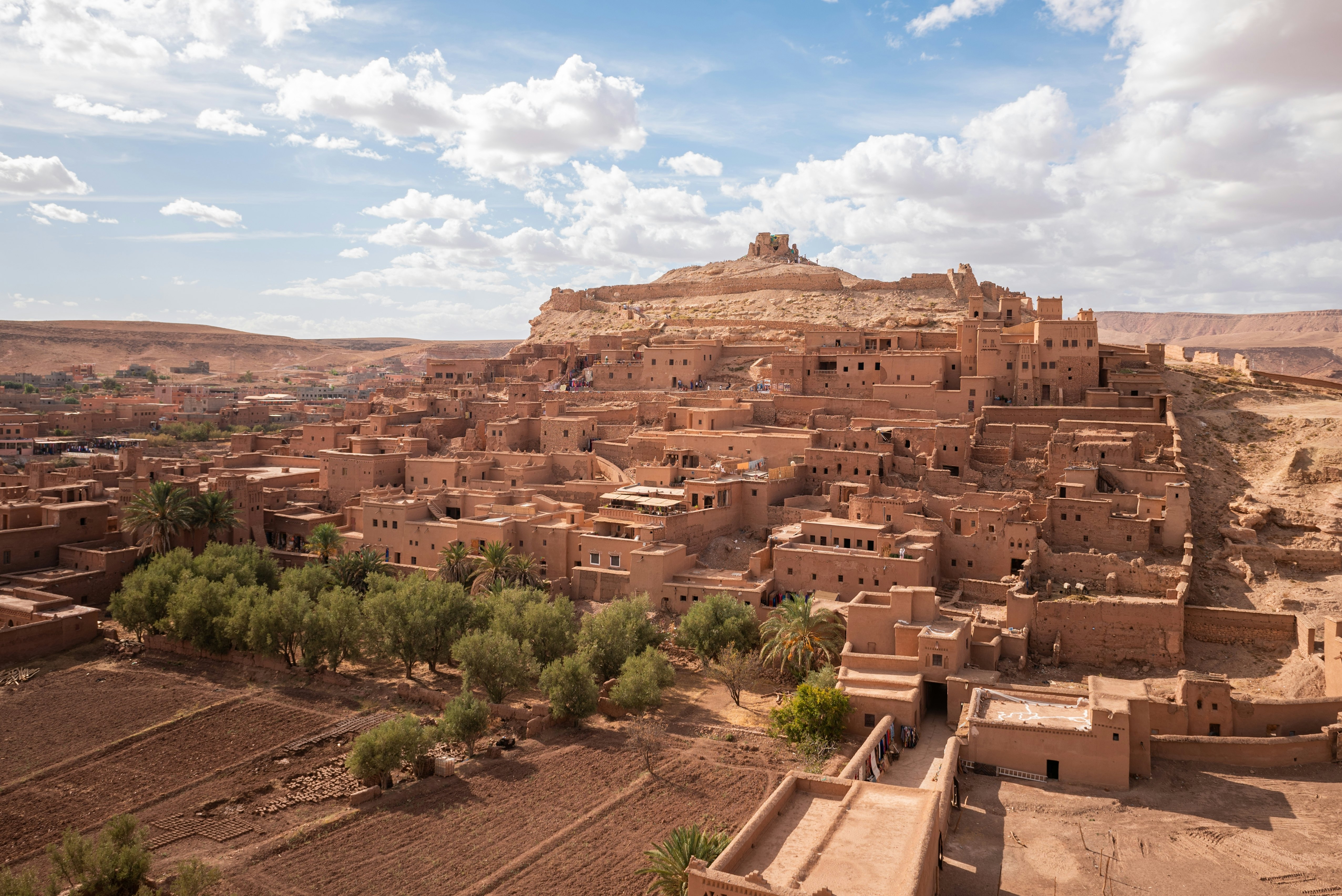 A long distance view of Ouarzazate, Morocco, with trees in the foreground