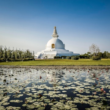Japanese Peace Pagoda, one of the many international Buddhist temples surrounding the birthplace of Buddha Siddhartha Gautama, Lumbini, Rupandehi, Nepal, License Type: media, Download Time: 2025-11-12T16:26:31.000Z, User: clairenaylor, Editorial: false, purchase_order: 65050 - Digital Destinations and Articles, job: online editorial, client: Lumbini guide, other: Claire Naylor